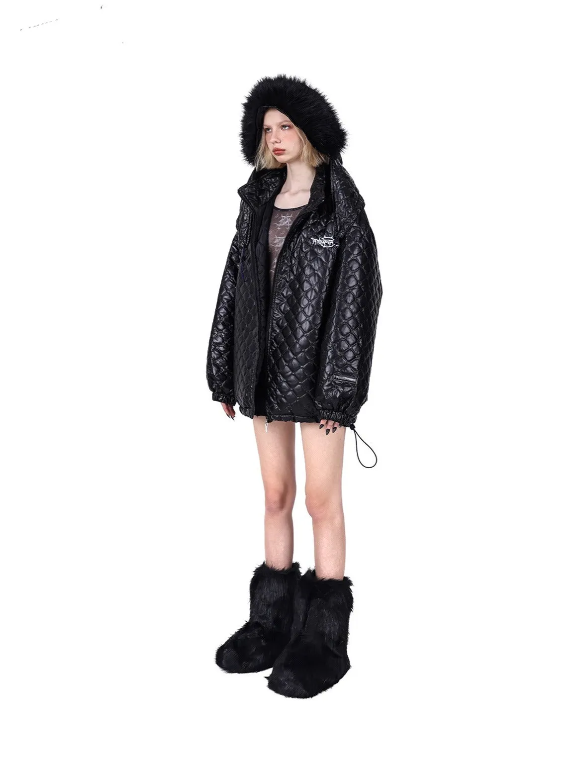 PINKSPINK Quilted Fur-Trimmed Puffer Jacket - Green and Black