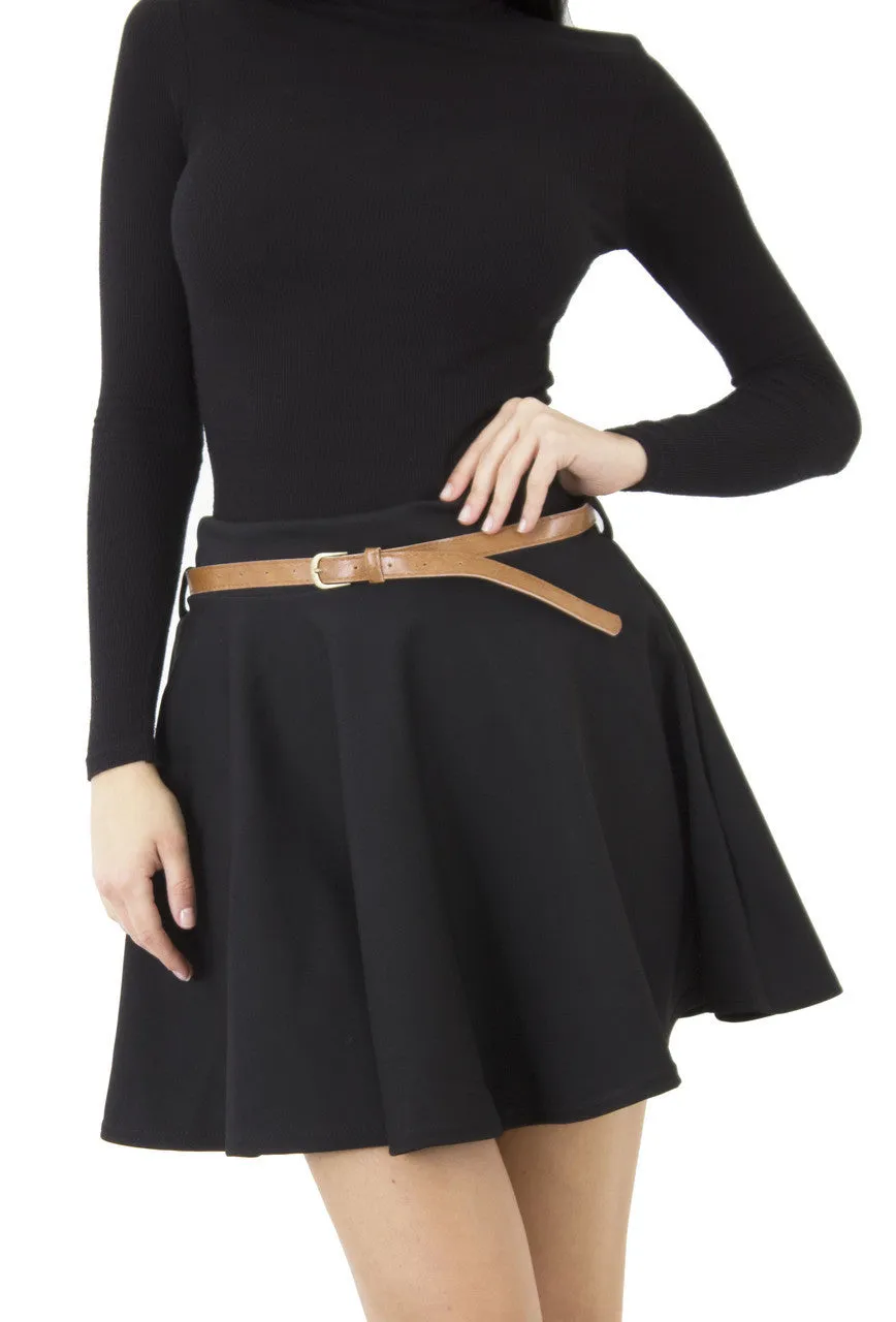 Plain Flared Mini Skater Skirt with Belt