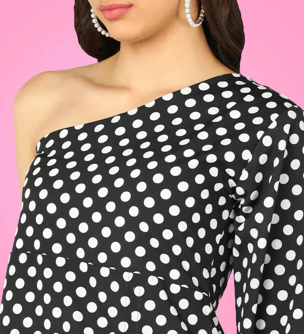 Polka dot printed A-line slit Dress.