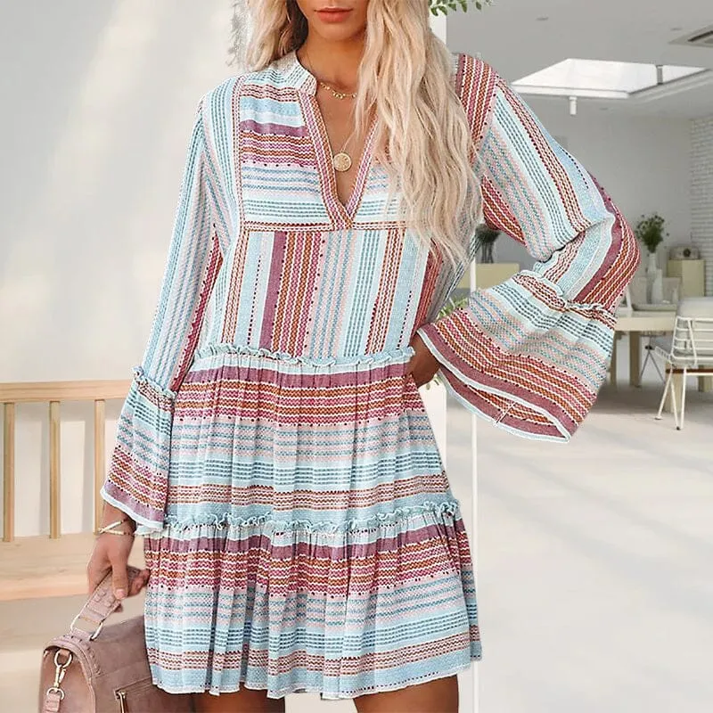 Printed Long Sleeve V-Neck Panel Casual Dress