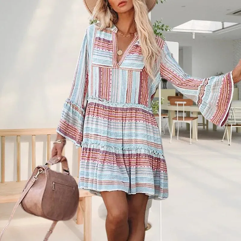 Printed Long Sleeve V-Neck Panel Casual Dress