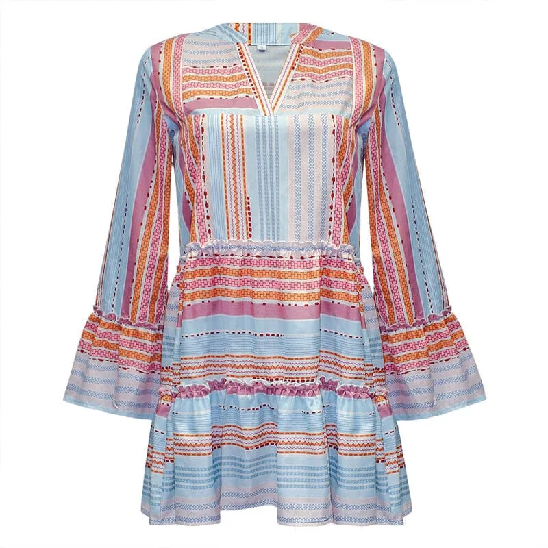 Printed Long Sleeve V-Neck Panel Casual Dress