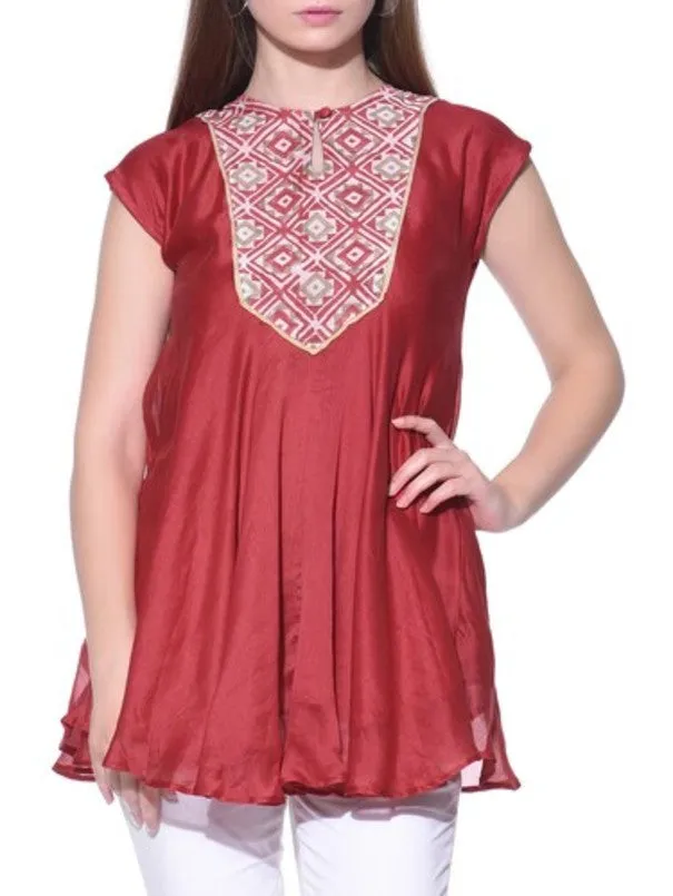 Red Chanderi Block Print Top