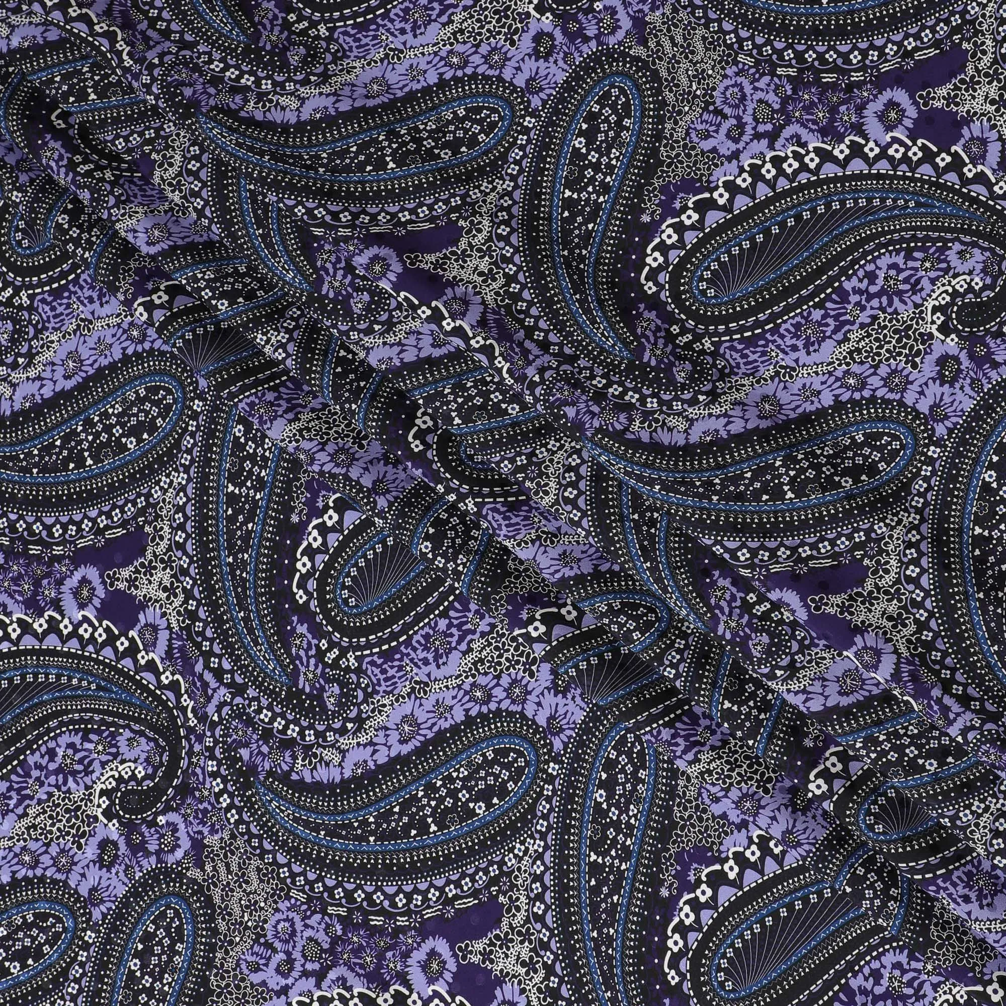 Regal Paisley Silk Satin Fabric - Opulent Purple with Classic Print, 140cm Wide -D18324