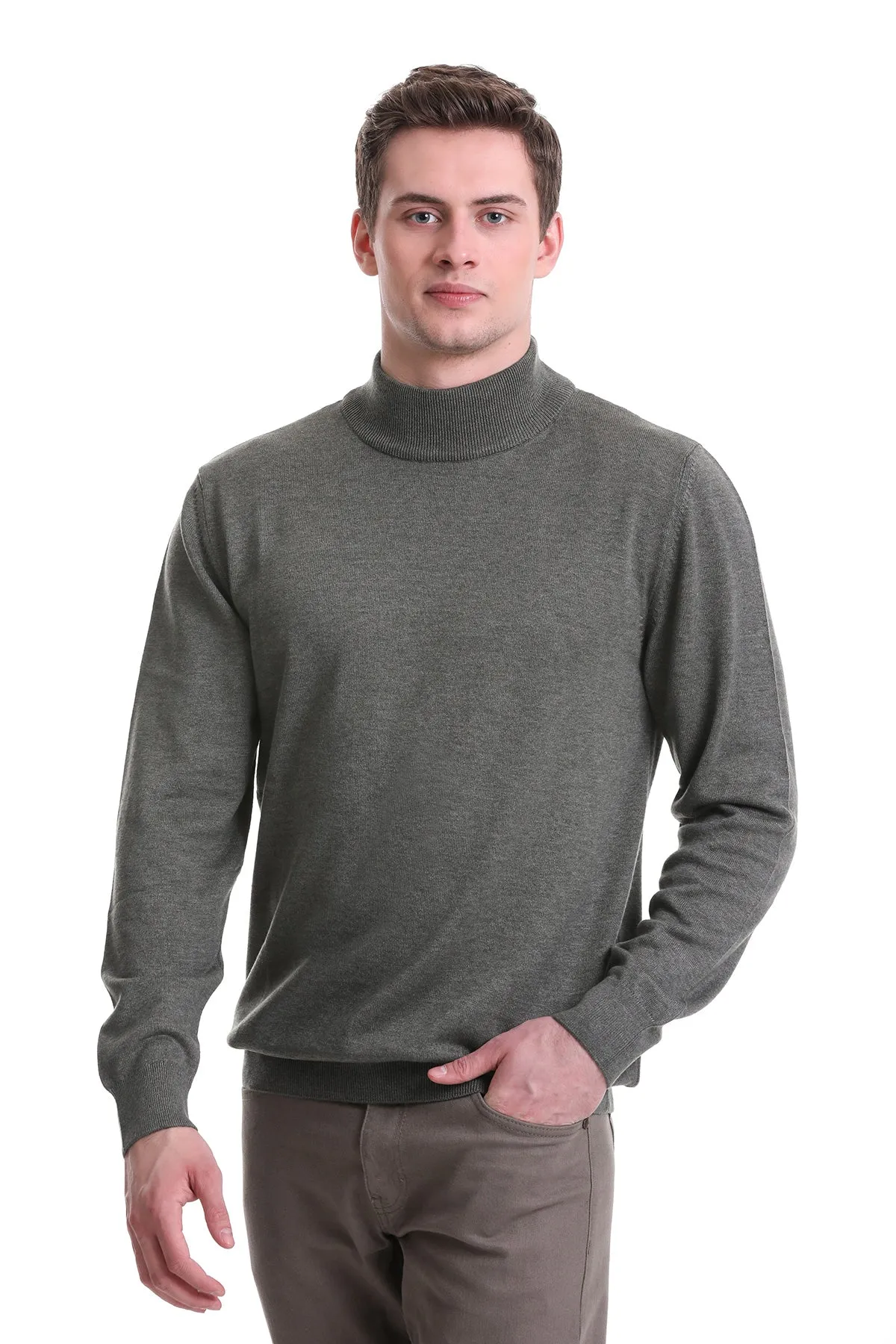 Regular Fit Light Khaki Cotton Blend Mock Neck Sweater