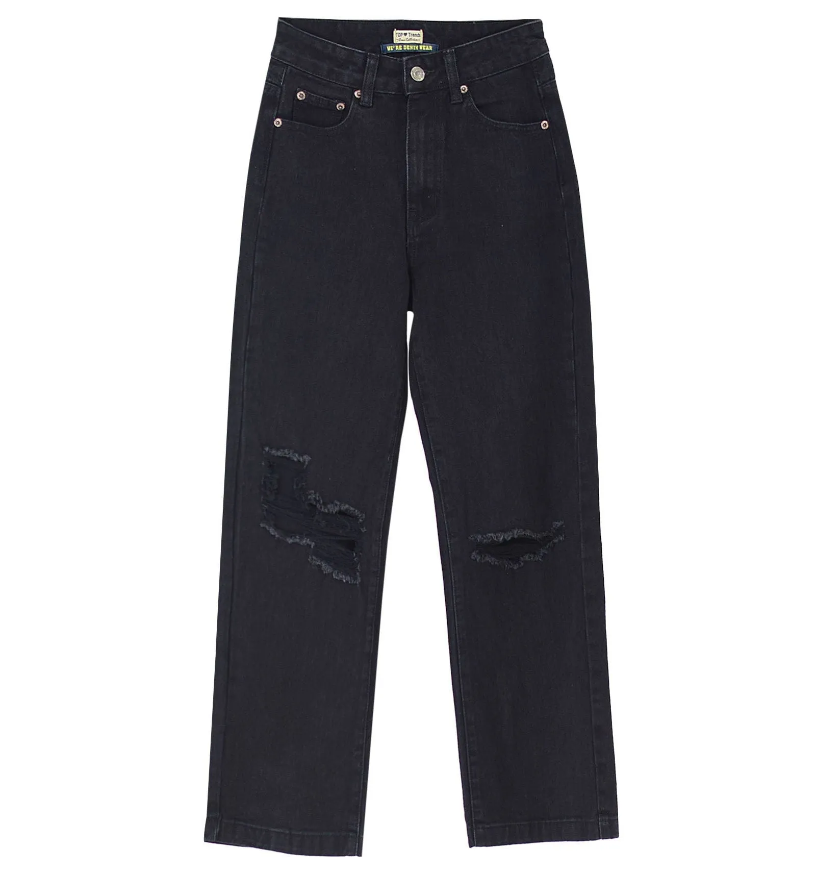 Ripped High Waist Straight Leg Black Denim Jeans