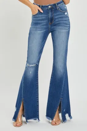 RISEN High Rise Front Slit Frayed Hem Flare Jeans