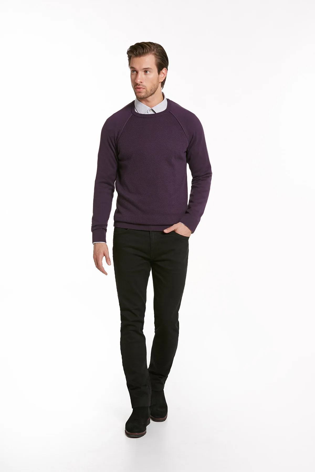 Slim Fit Purple Cotton Blend Crewneck Sweater