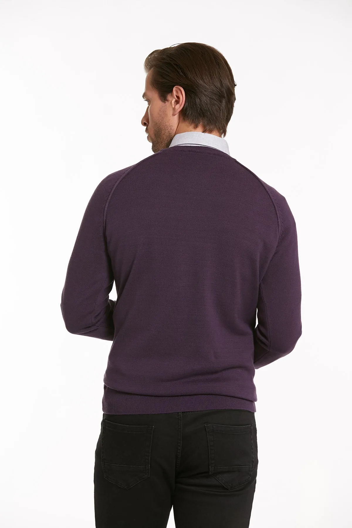 Slim Fit Purple Cotton Blend Crewneck Sweater