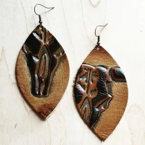 Tan Steer Head Leather Oval Earrings