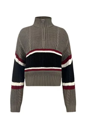 TEEK - Cable-Knit Striped Quarter Zip Turtleneck Sweater