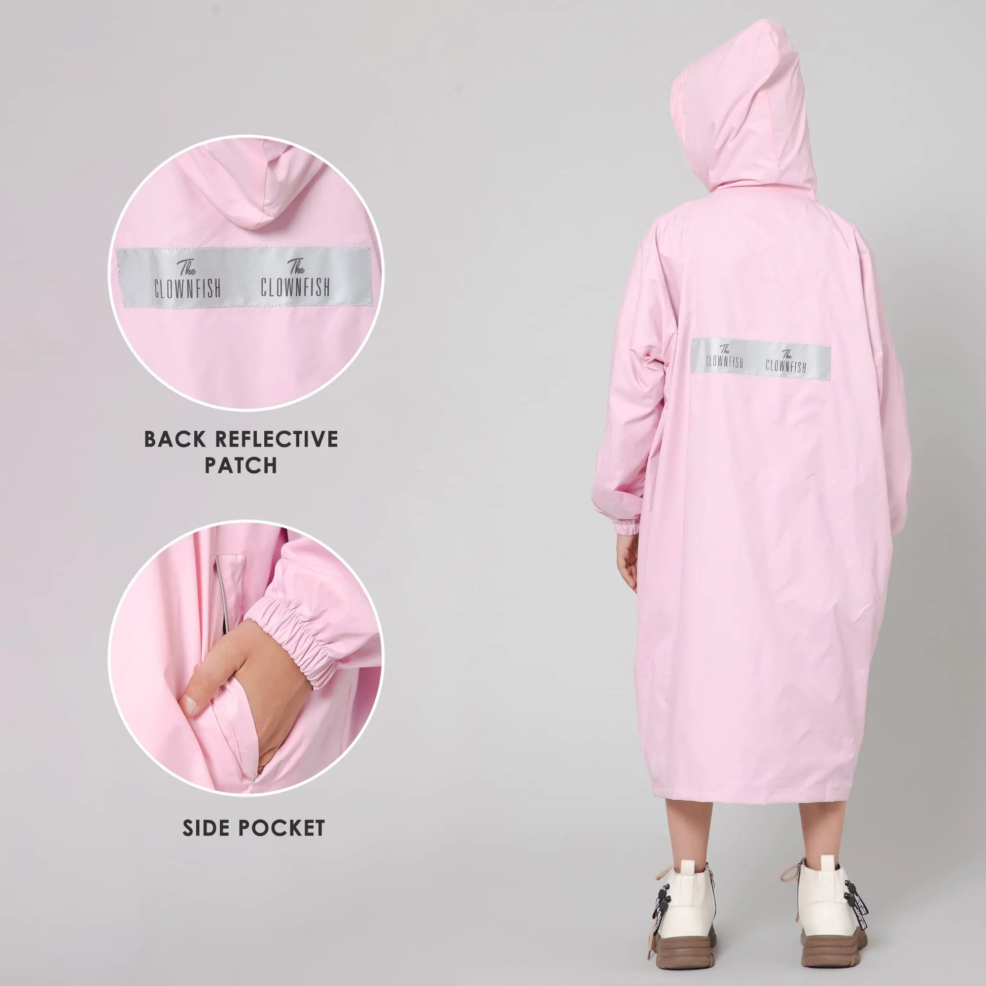 THE CLOWNFISH Cloud Chaser Series Kids Raincoat Waterproof Polyester Double Coating Reversible Longcoat with Hood and Reflector Logo at Back. Printed Plastic Pouch. Kid Age-13-14 years (Blush Pink)