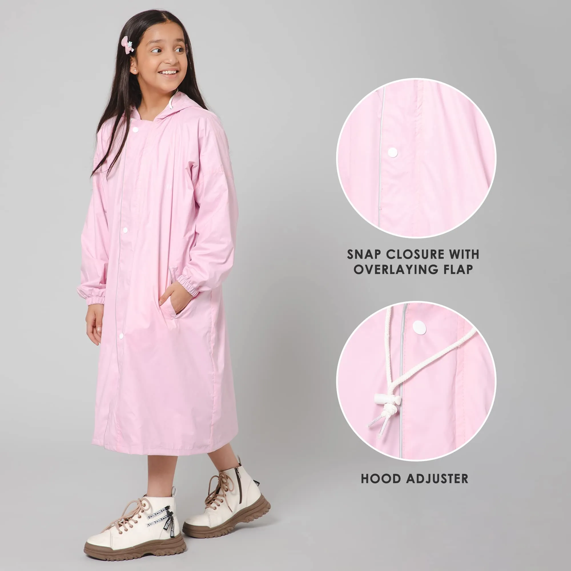 THE CLOWNFISH Cloud Chaser Series Kids Raincoat Waterproof Polyester Double Coating Reversible Longcoat with Hood and Reflector Logo at Back. Printed Plastic Pouch. Kid Age-5-6 years (Blush Pink)