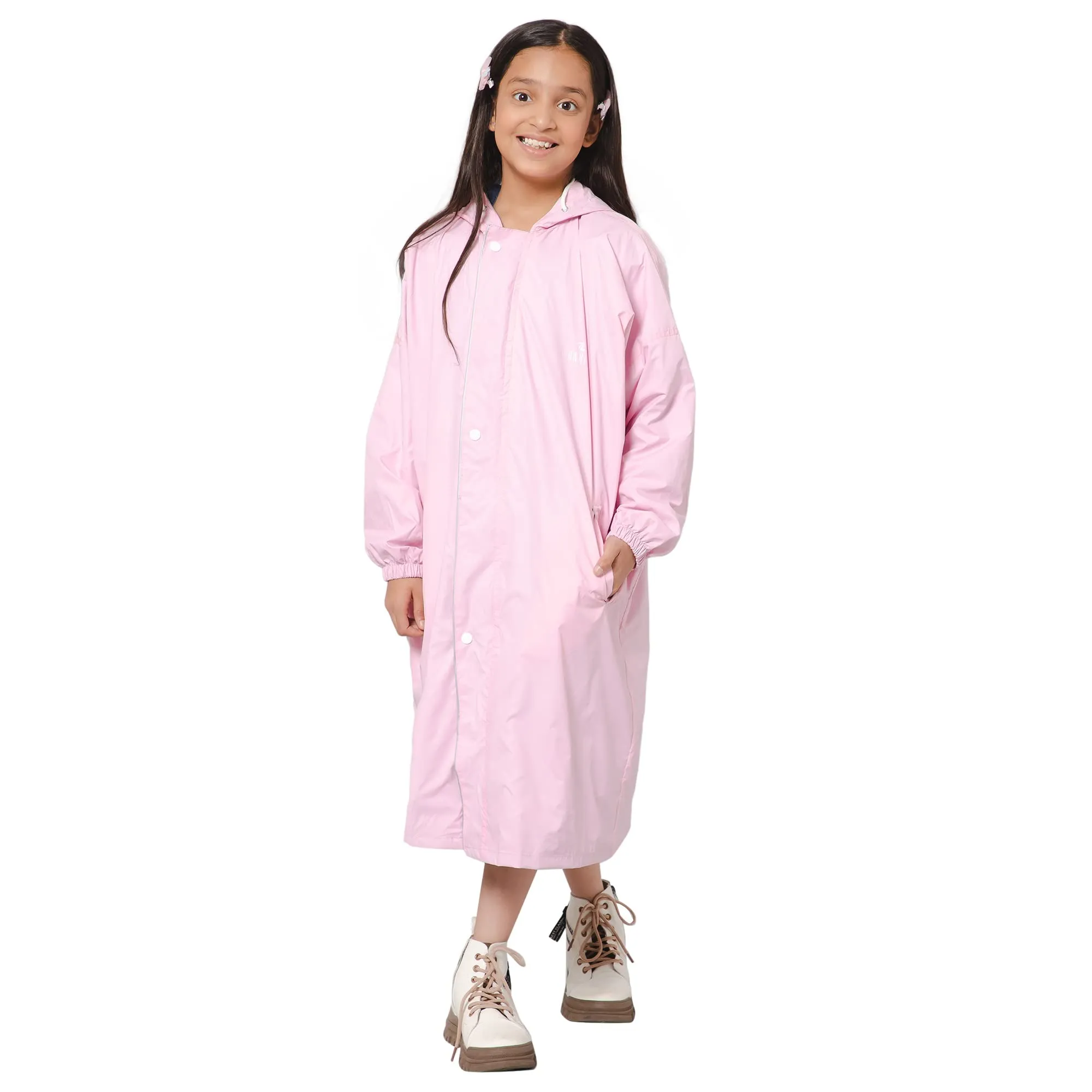 THE CLOWNFISH Cloud Chaser Series Kids Raincoat Waterproof Polyester Double Coating Reversible Longcoat with Hood and Reflector Logo at Back. Printed Plastic Pouch. Kid Age-9-10 years (Blush Pink)