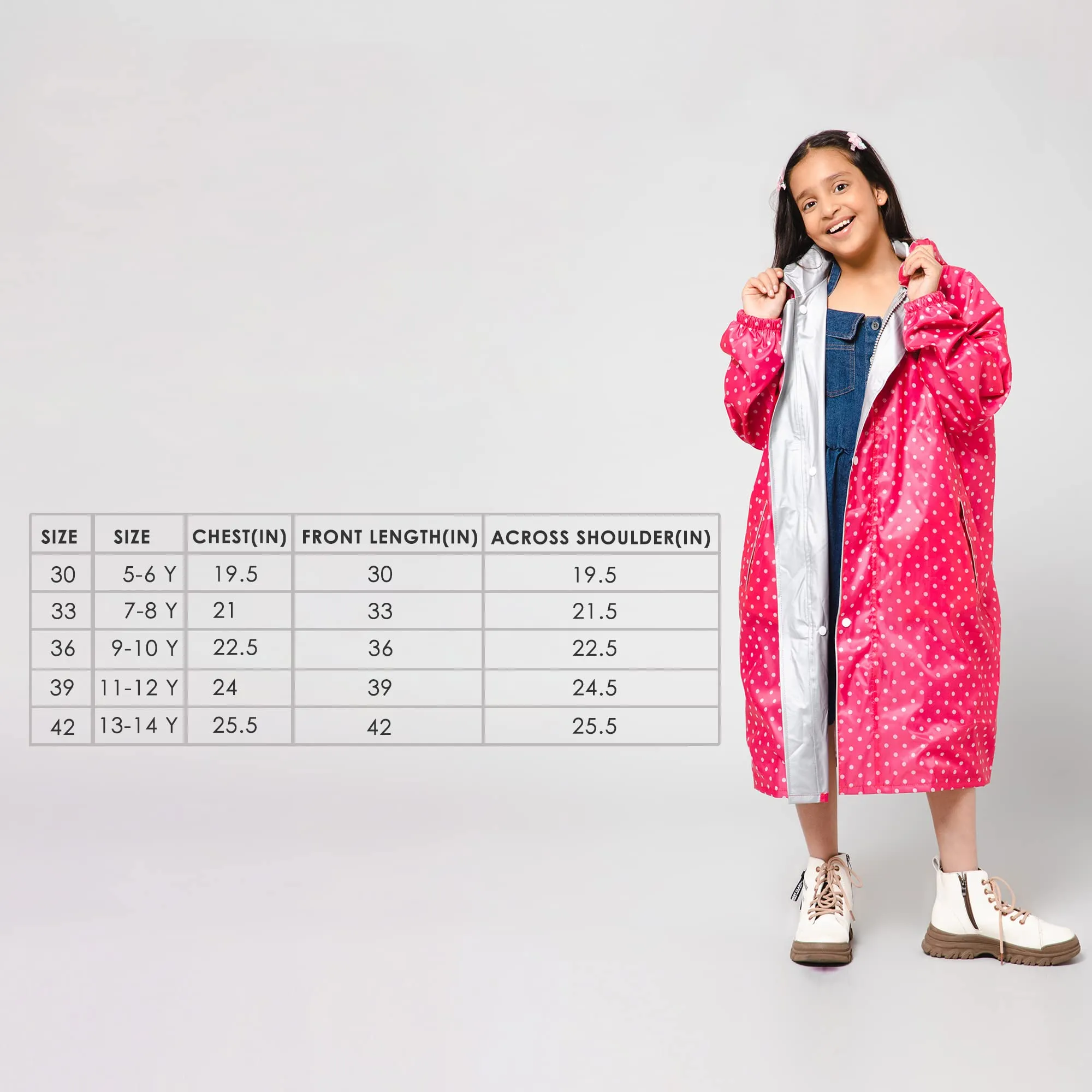 THE CLOWNFISH Drizzle Dot Series Kids Raincoat Waterproof Polyester Double Coating Reversible Longcoat with Hood and Reflector Logo at Back. Printed Plastic Pouch. Kid Age-7-8 years (Bubblegum Pink)