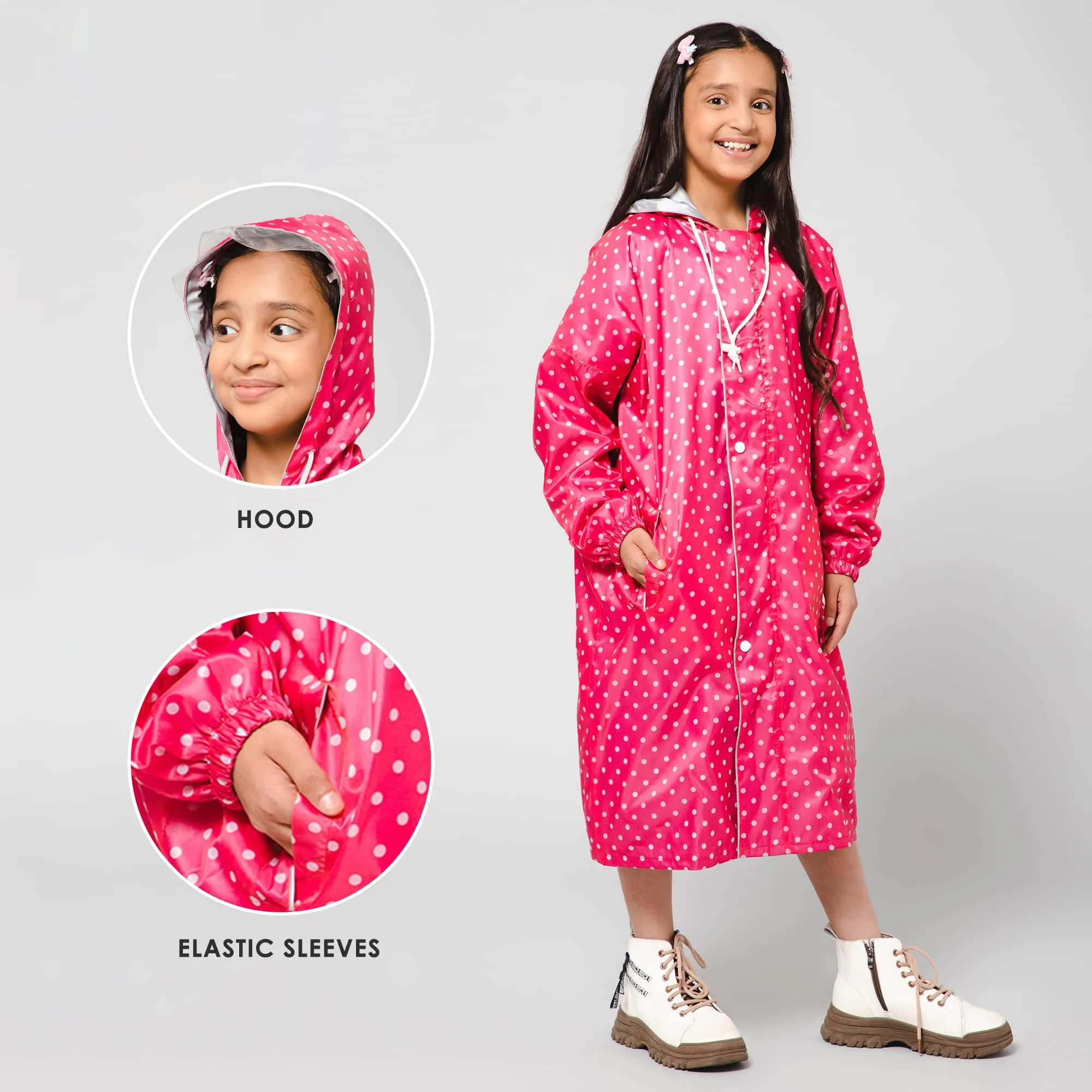 THE CLOWNFISH Drizzle Dot Series Kids Raincoat Waterproof Polyester Double Coating Reversible Longcoat with Hood and Reflector Logo at Back. Printed Plastic Pouch. Kid Age-7-8 years (Bubblegum Pink)