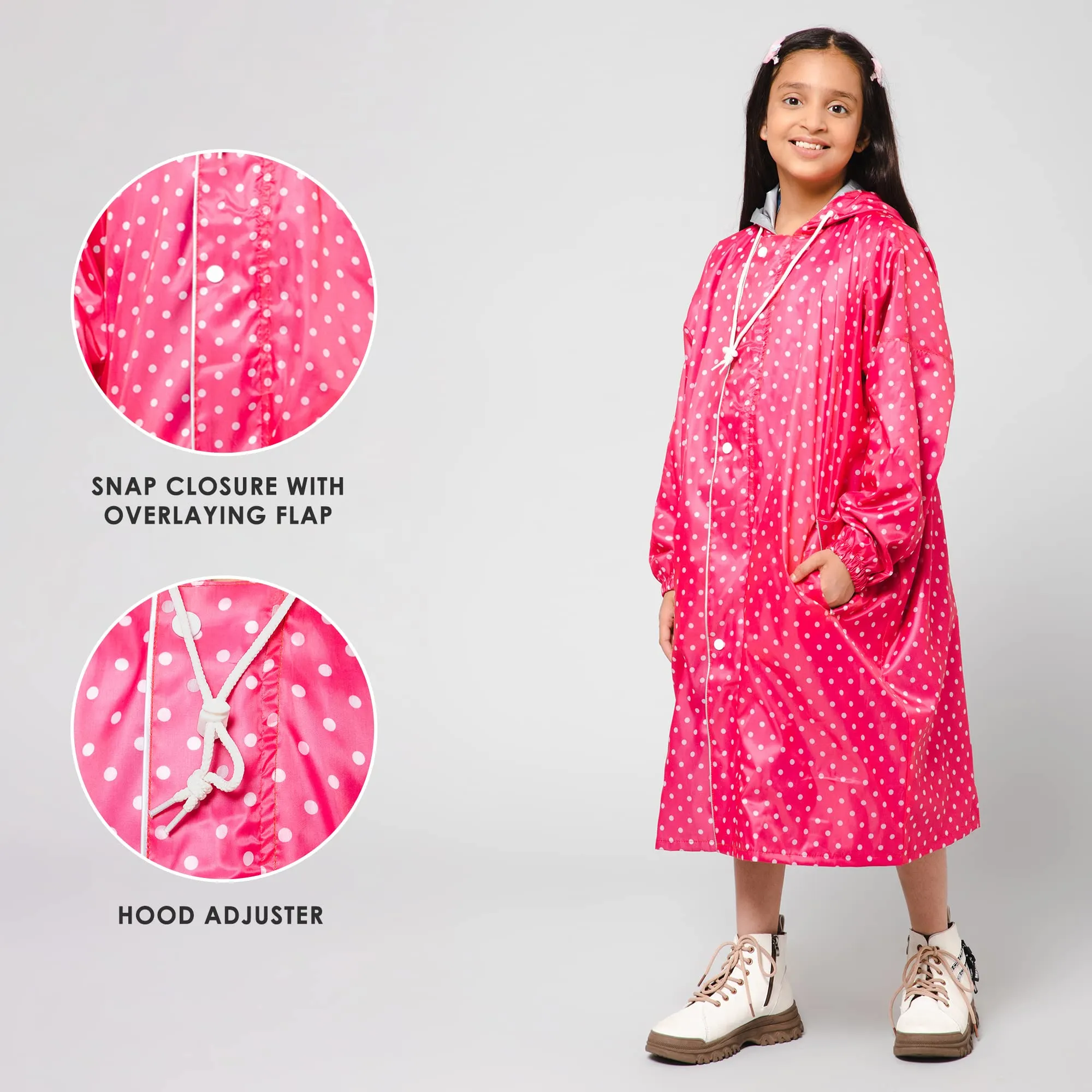 THE CLOWNFISH Drizzle Dot Series Kids Raincoat Waterproof Polyester Double Coating Reversible Longcoat with Hood and Reflector Logo at Back. Printed Plastic Pouch. Kid Age-7-8 years (Bubblegum Pink)