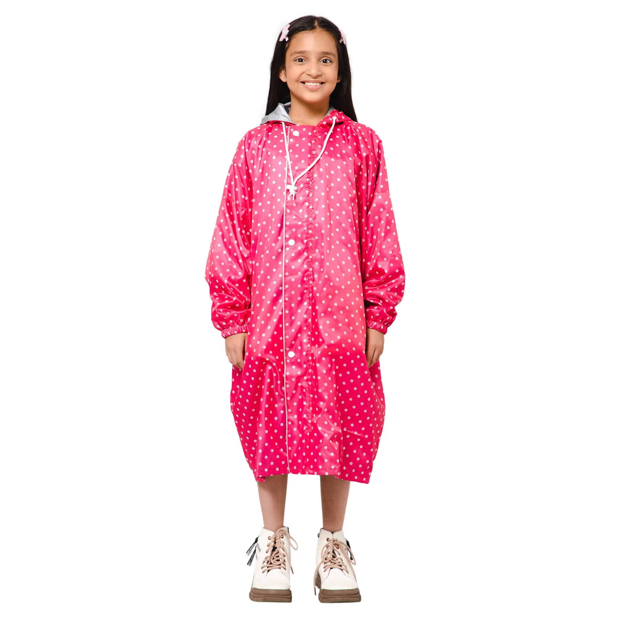 THE CLOWNFISH Drizzle Dot Series Kids Raincoat Waterproof Polyester Double Coating Reversible Longcoat with Hood and Reflector Logo at Back. Printed Plastic Pouch. Kid Age-7-8 years (Bubblegum Pink)