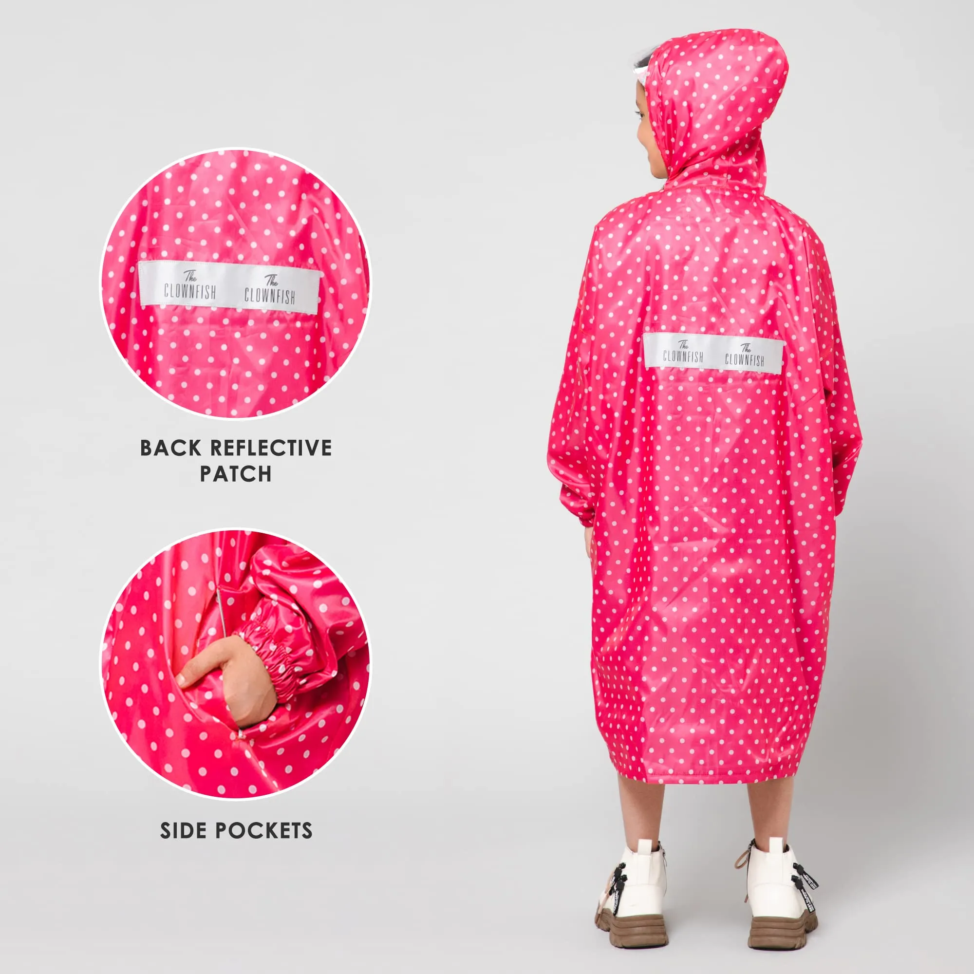 THE CLOWNFISH Drizzle Dot Series Kids Raincoat Waterproof Polyester Double Coating Reversible Longcoat with Hood and Reflector Logo at Back. Printed Plastic Pouch. Kid Age-7-8 years (Bubblegum Pink)