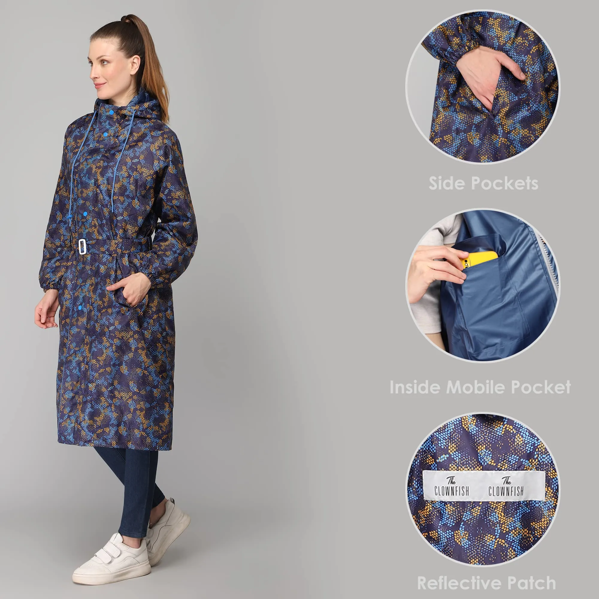 THE CLOWNFISH Juliet Series Raincoats for Women Rain Coat for Women Raincoat for Ladies Waterproof Reversible Double Layer Longcoat with Printed Plastic Pouch (Blue, XXL)