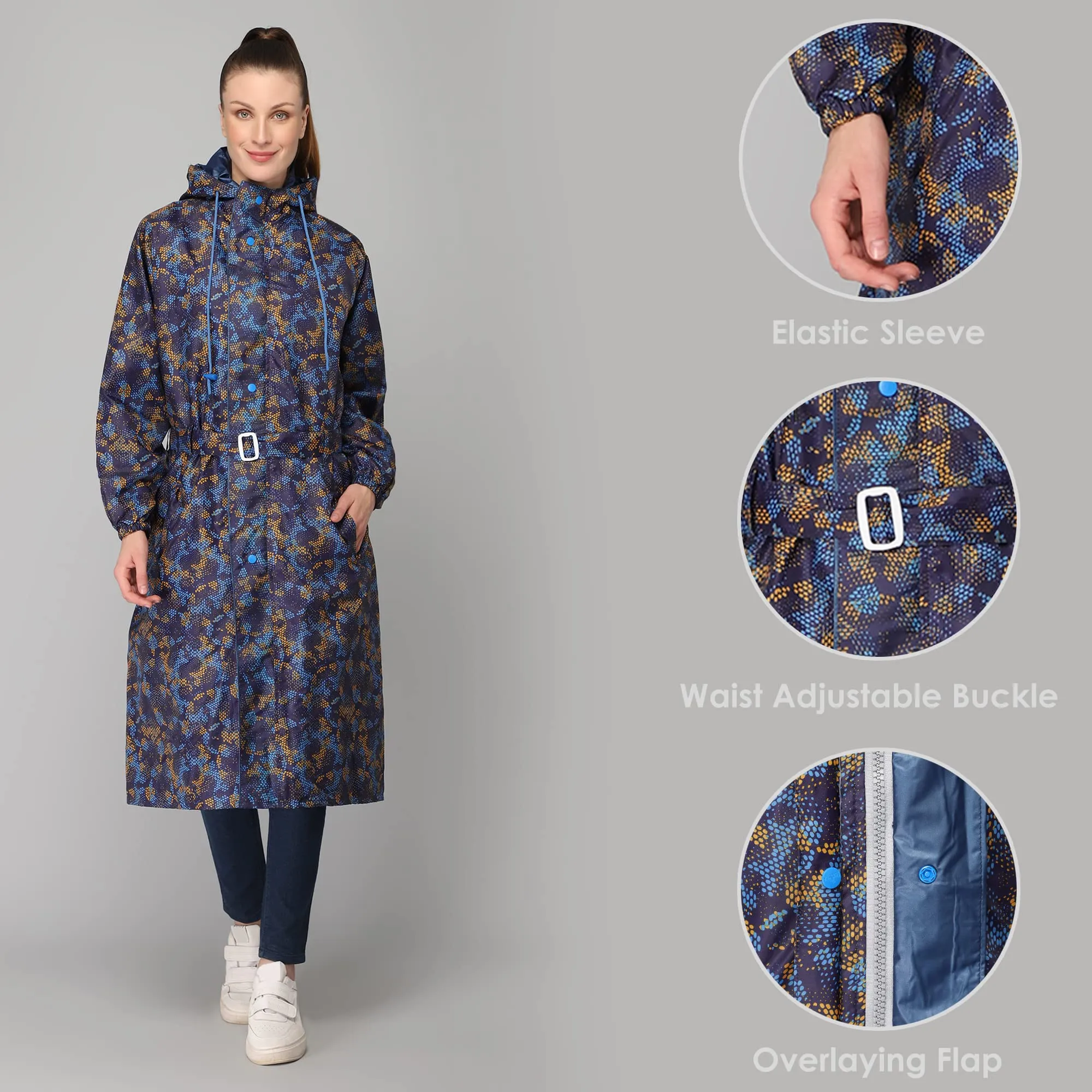 THE CLOWNFISH Juliet Series Raincoats for Women Rain Coat for Women Raincoat for Ladies Waterproof Reversible Double Layer Longcoat with Printed Plastic Pouch (Blue, XXL)