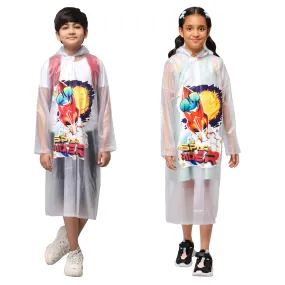 THE CLOWNFISH Men Toon Caper Series Kids Waterproof Pvc Mid-Length Longcoat With Adjustable Hood & Extra Space For Backpack/Schoolbag Holding. Printed Plastic Pouch. Kid Age-5-6 Years (White)