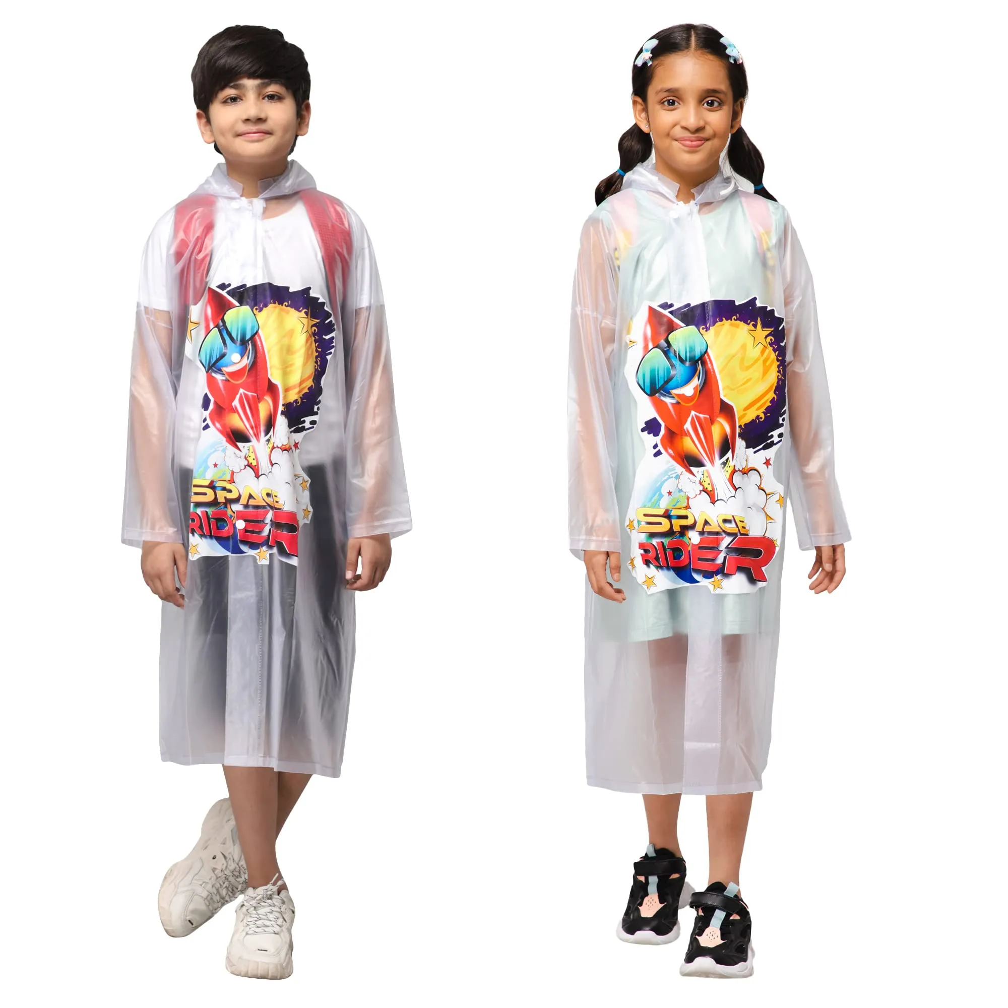 THE CLOWNFISH Men Toon Caper Series Kids Waterproof Pvc Mid-Length Longcoat With Adjustable Hood & Extra Space For Backpack/Schoolbag Holding. Printed Plastic Pouch. Kid Age-5-6 Years (White)