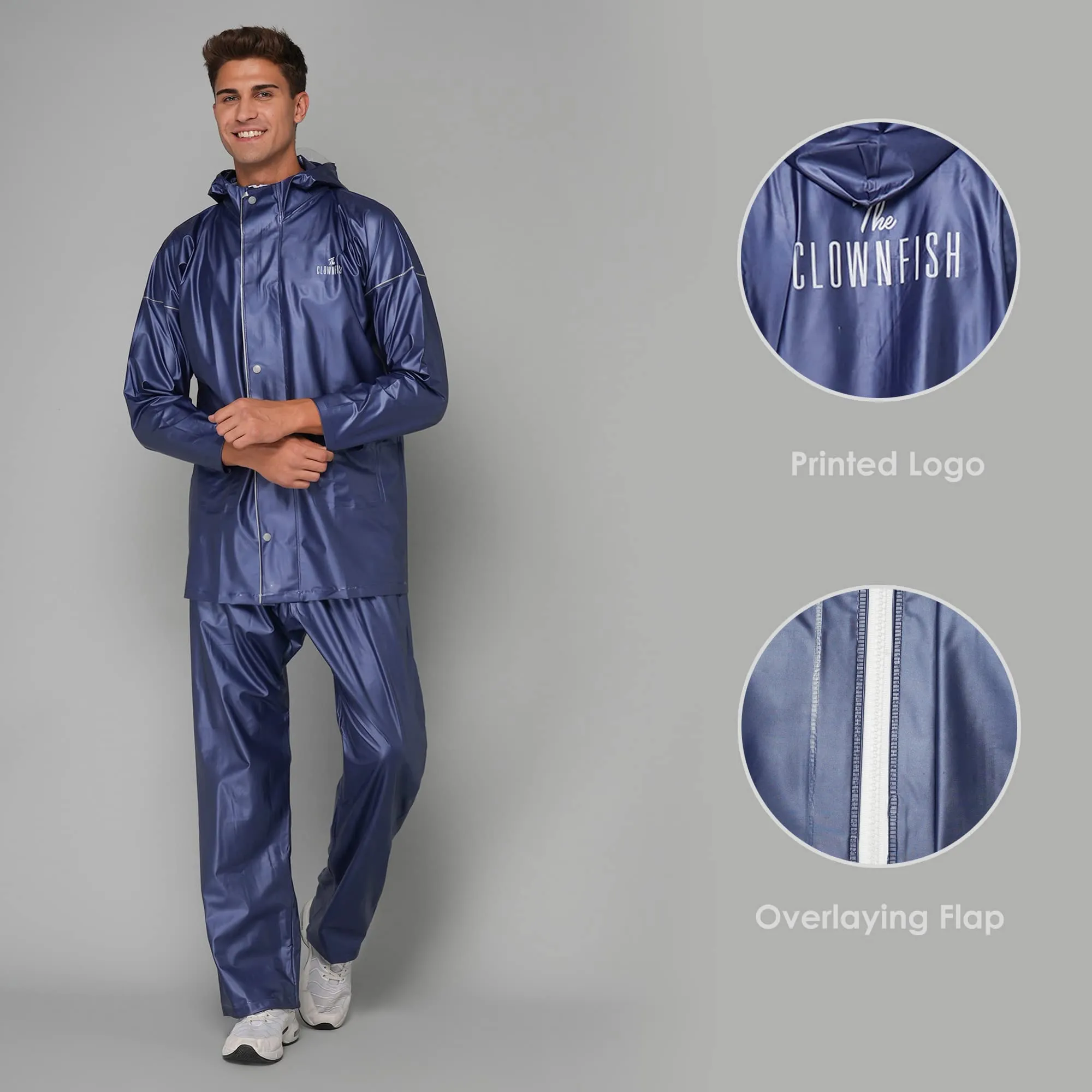 THE CLOWNFISH Oceanic Pro Series Men's Waterproof PVC Raincoat with Hood and Reflector Logo at Back for Night Travelling. Set of Top and Bottom (Blue, XL)