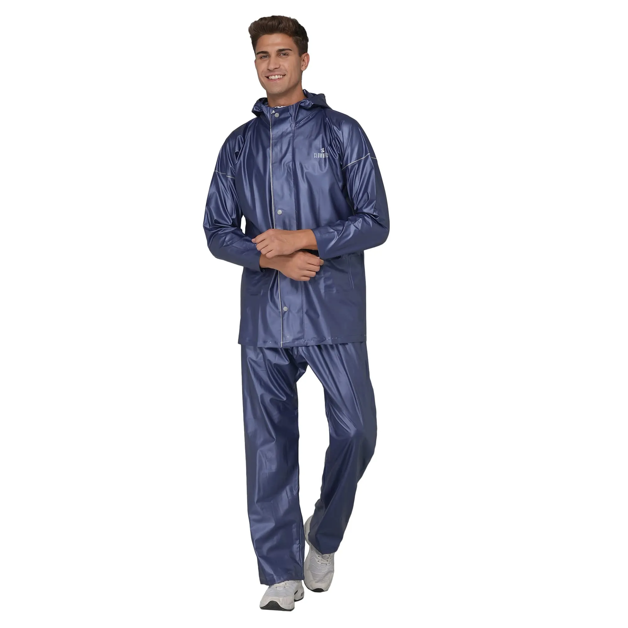 THE CLOWNFISH Oceanic Pro Series Men's Waterproof PVC Raincoat with Hood and Reflector Logo at Back for Night Travelling. Set of Top and Bottom (Blue, XL)