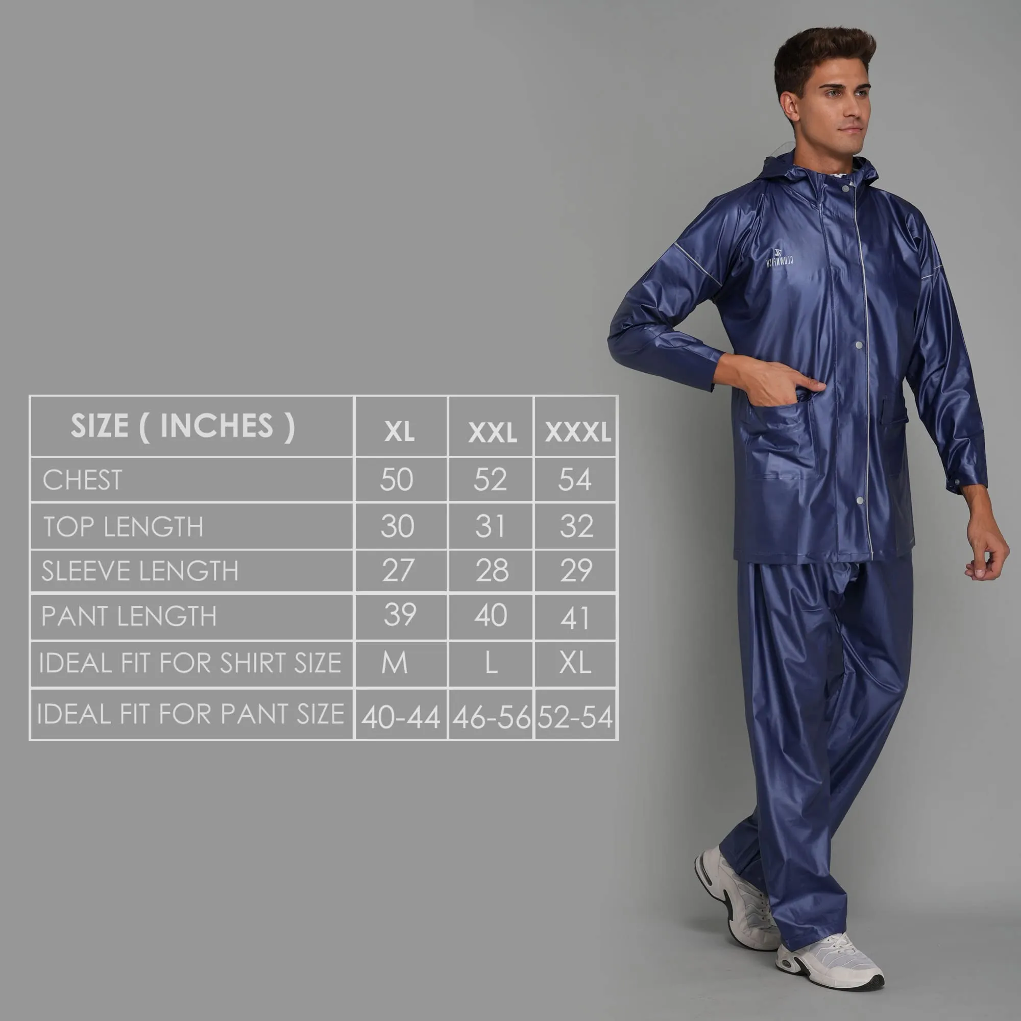 THE CLOWNFISH Oceanic Pro Series Men's Waterproof PVC Raincoat with Hood and Reflector Logo at Back for Night Travelling. Set of Top and Bottom (Blue, XL)