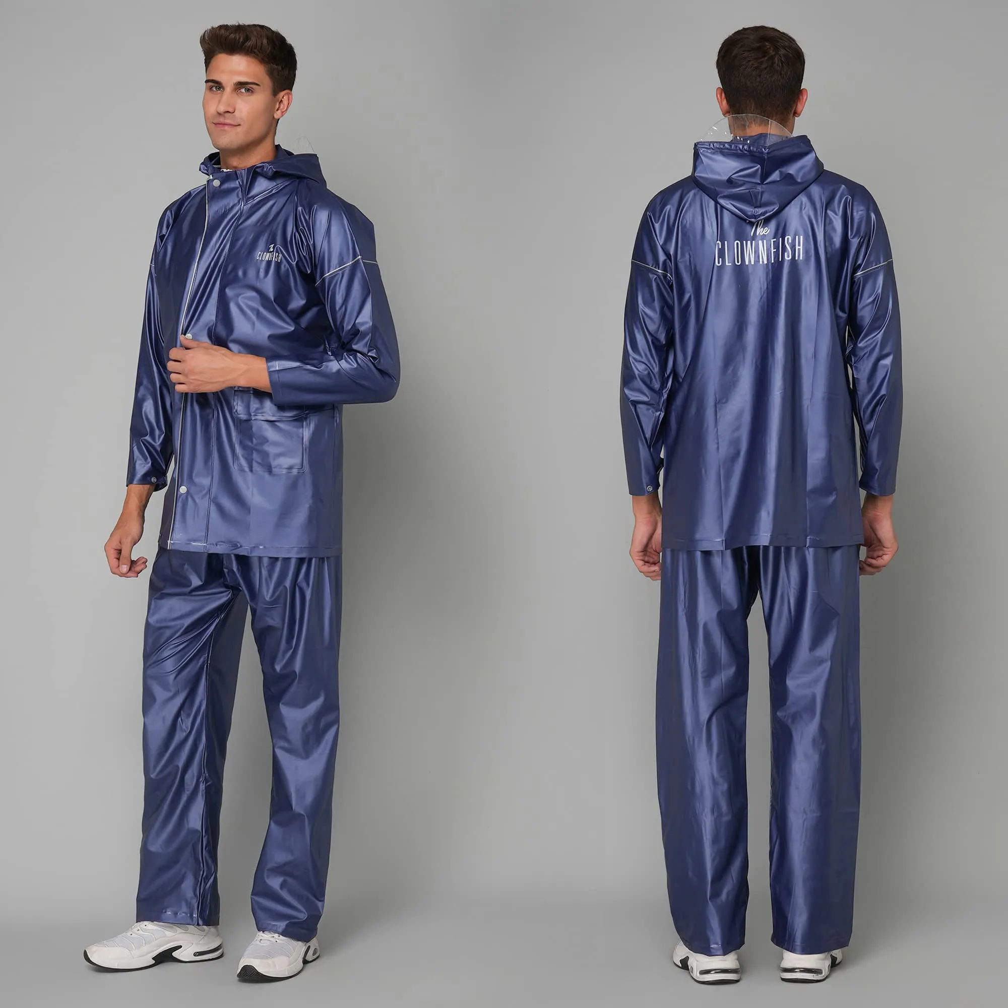 THE CLOWNFISH Oceanic Pro Series Men's Waterproof PVC Raincoat with Hood and Reflector Logo at Back for Night Travelling. Set of Top and Bottom (Blue, XL)