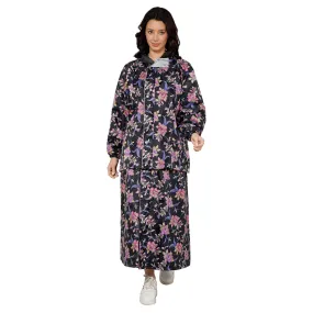 THE CLOWNFISH Polyester Waterproof Rain Coat For Women Skirt and Top Raincoat With Adjustable Hood and Front Pockets Rain Glam Series (Black Floral, XX-Large)