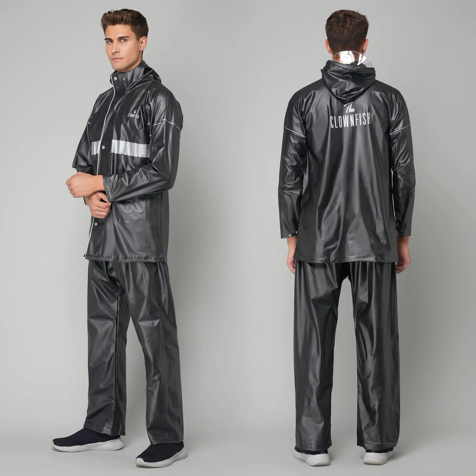 THE CLOWNFISH Rain Coat for Men Waterproof for Bike Raincoat for Men with Hood PVC Material. Set of Top and Bottom. Azure Pro Series (Black, X-Large)