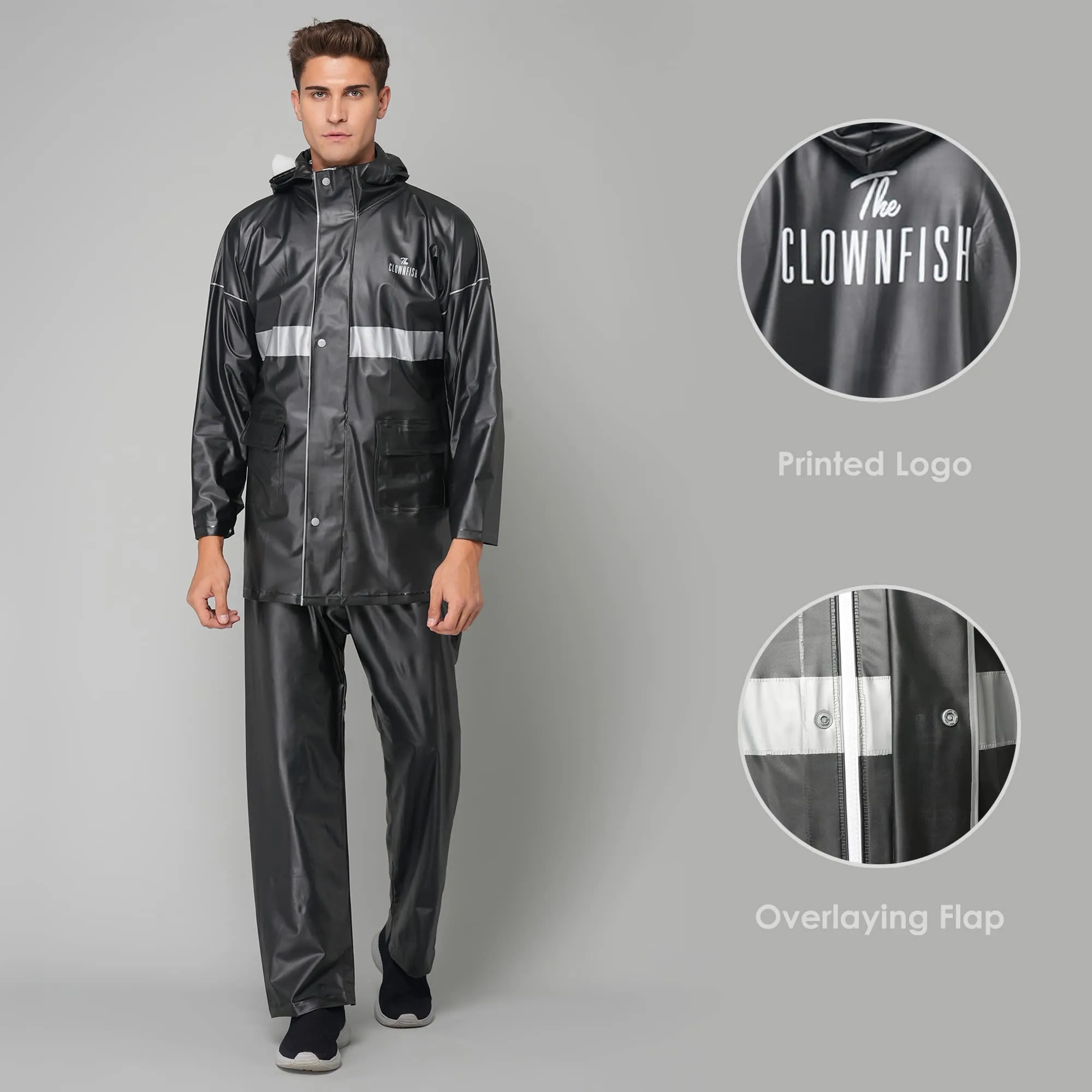 THE CLOWNFISH Rain Coat for Men Waterproof for Bike Raincoat for Men with Hood PVC Material. Set of Top and Bottom. Azure Pro Series (Black, X-Large)