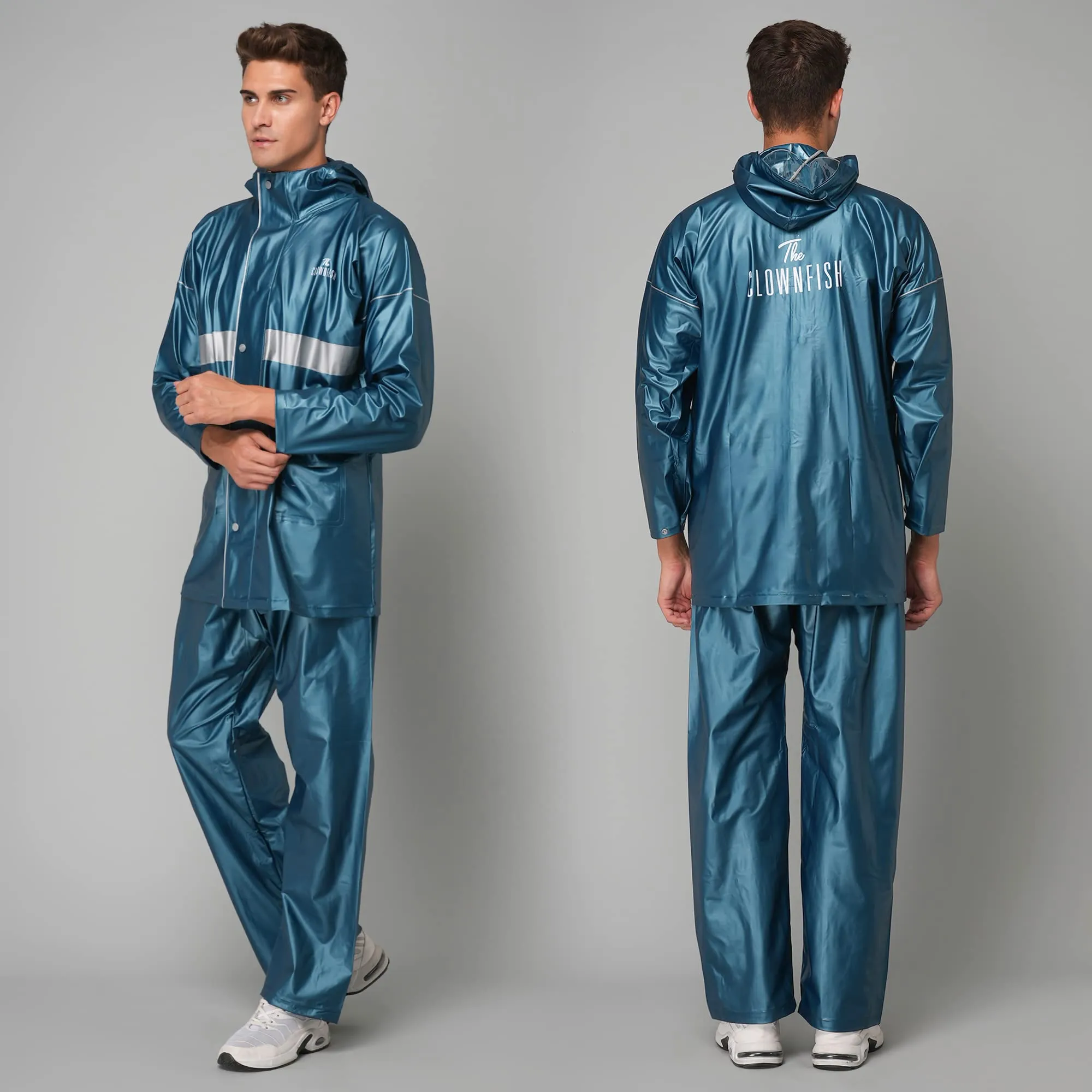 THE CLOWNFISH Rain Coat for Men Waterproof for Bike Raincoat for Men with Hood PVC Material. Set of Top and Bottom. Azure Pro Series (Bright Turquoise, X-Large)