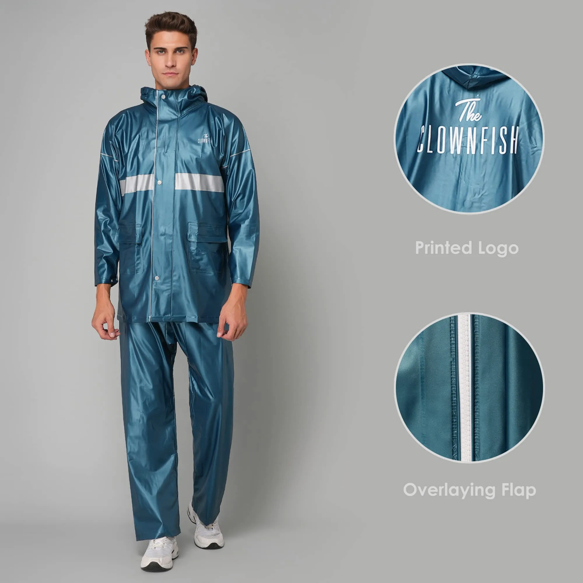 THE CLOWNFISH Rain Coat for Men Waterproof for Bike Raincoat for Men with Hood PVC Material. Set of Top and Bottom. Azure Pro Series (Bright Turquoise, X-Large)