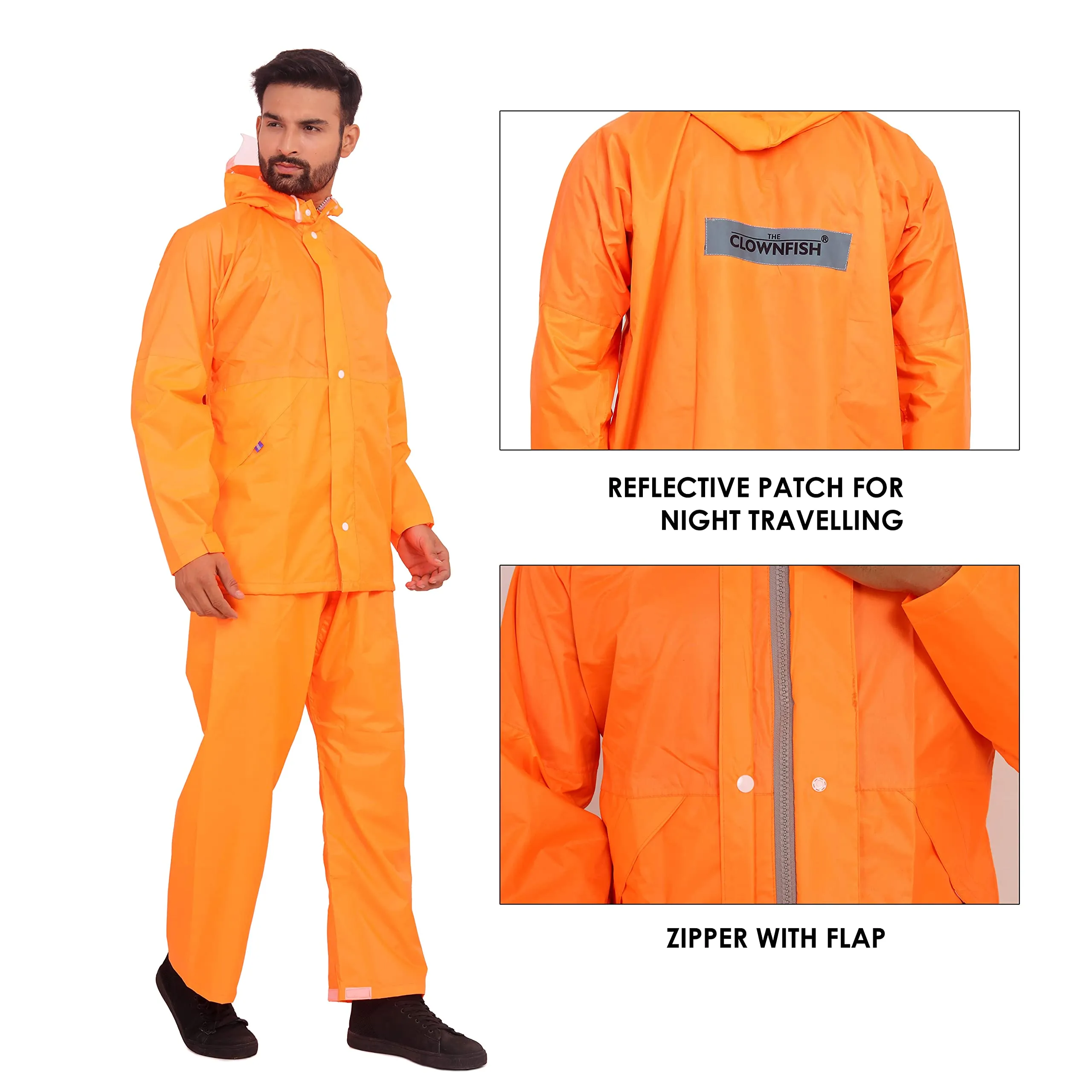 THE CLOWNFISH Rain Coat for Men Waterproof for Bike Raincoat for Men with Hood. Set of Top and Bottom. Classic Series (Orange, XXX-Large)