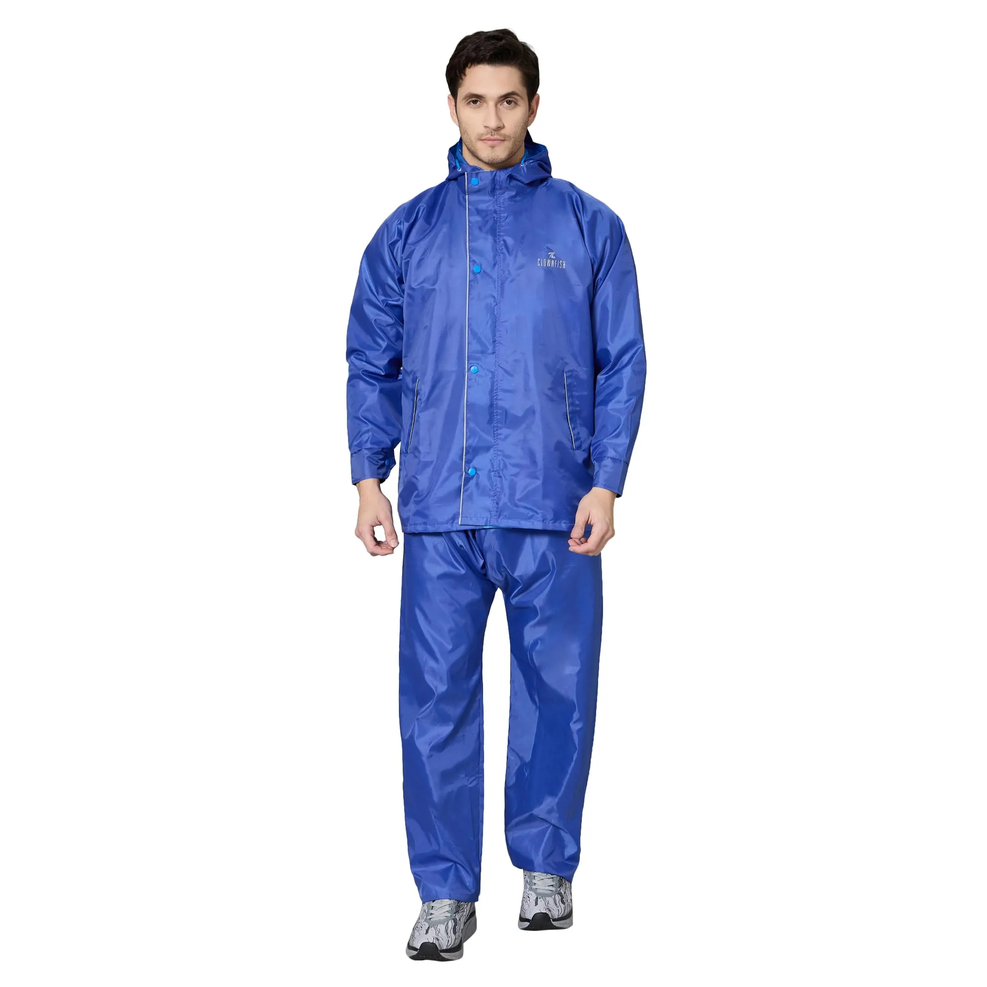 THE CLOWNFISH Rain Coat for Men Waterproof Raincoat with Pants Polyester Reversible Double Layer Rain Coat For Men Bike Rain Suit Rain Jacket Suit Inner Mobile Pocket, Storage Bag (Royal Blue XXXL)