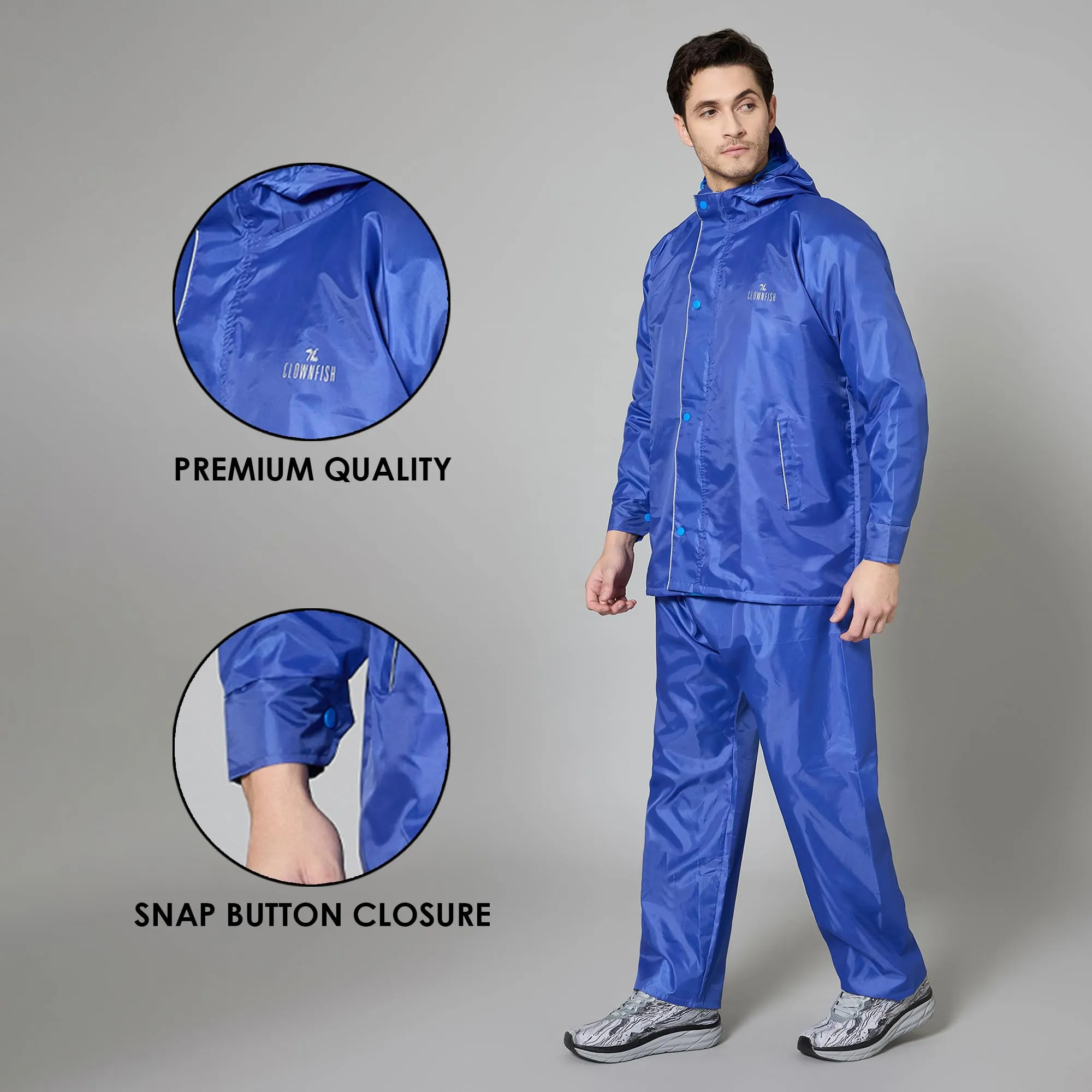 THE CLOWNFISH Rain Coat for Men Waterproof Raincoat with Pants Polyester Reversible Double Layer Rain Coat For Men Bike Rain Suit Rain Jacket Suit Inner Mobile Pocket, Storage Bag (Royal Blue XXXL)