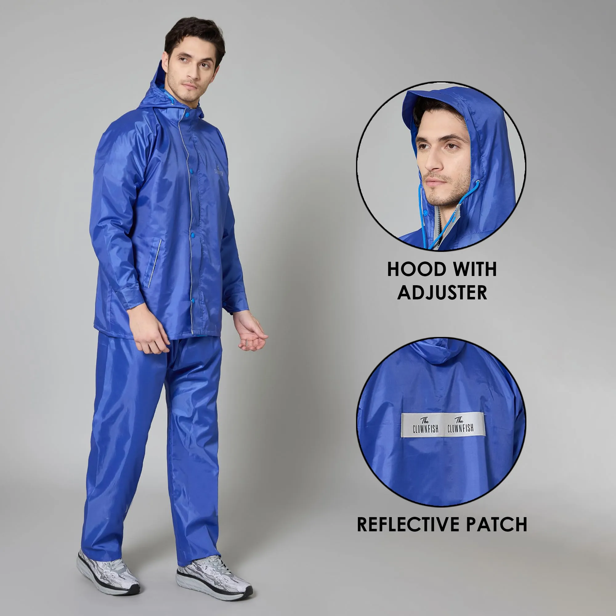 THE CLOWNFISH Rain Coat for Men Waterproof Raincoat with Pants Polyester Reversible Double Layer Rain Coat For Men Bike Rain Suit Rain Jacket Suit Inner Mobile Pocket, Storage Bag (Royal Blue XXXL)