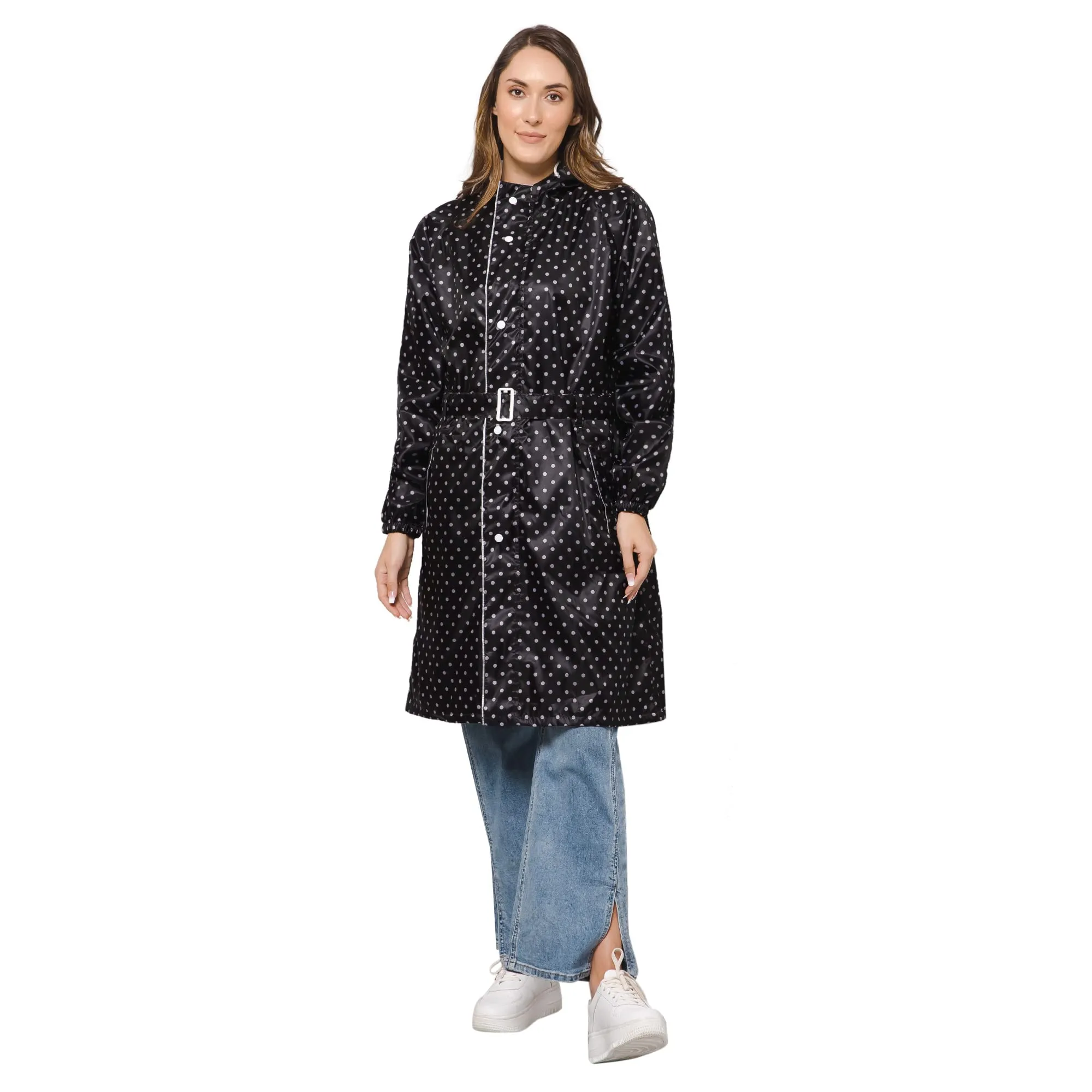 THE CLOWNFISH Raincoats for Women Rain Coat for Women Longcoat Raincoat for Ladies Waterproof Reversible Double Layer. Dotty Delight Series (Black, XXX-Large)