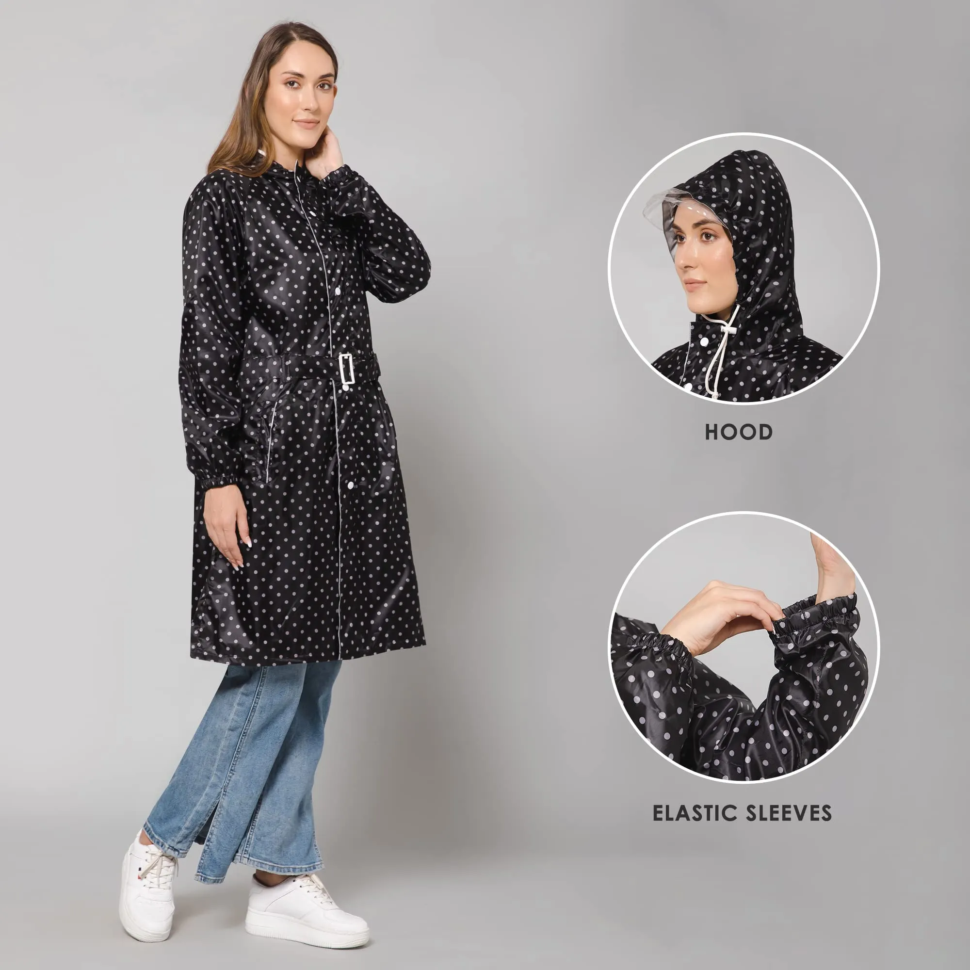 THE CLOWNFISH Raincoats for Women Rain Coat for Women Longcoat Raincoat for Ladies Waterproof Reversible Double Layer. Dotty Delight Series (Black, XXX-Large)