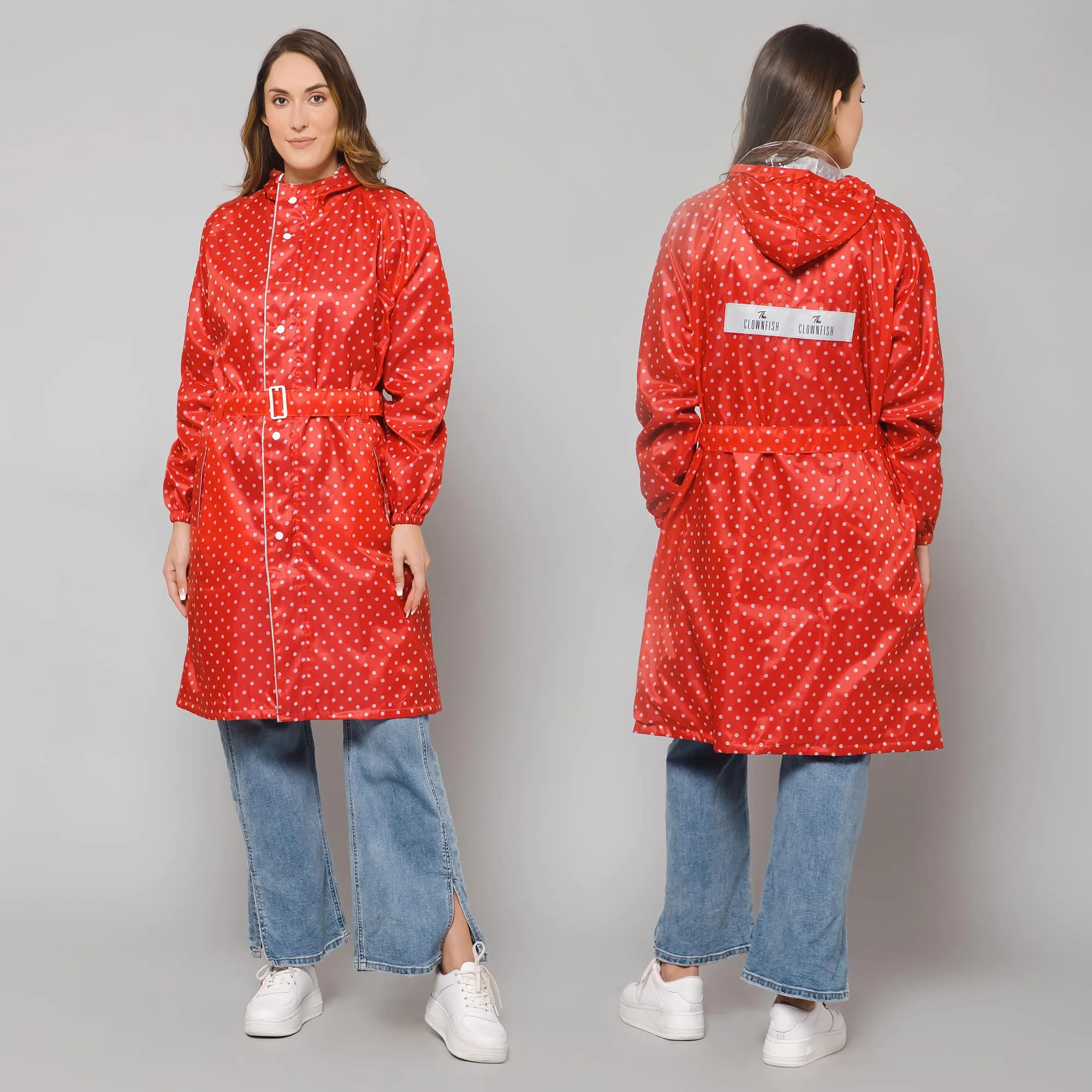 THE CLOWNFISH Raincoats for Women Rain Coat for Women Longcoat Raincoat for Ladies Waterproof Reversible Double Layer. Dotty Delight Series (Red, XX-Large)