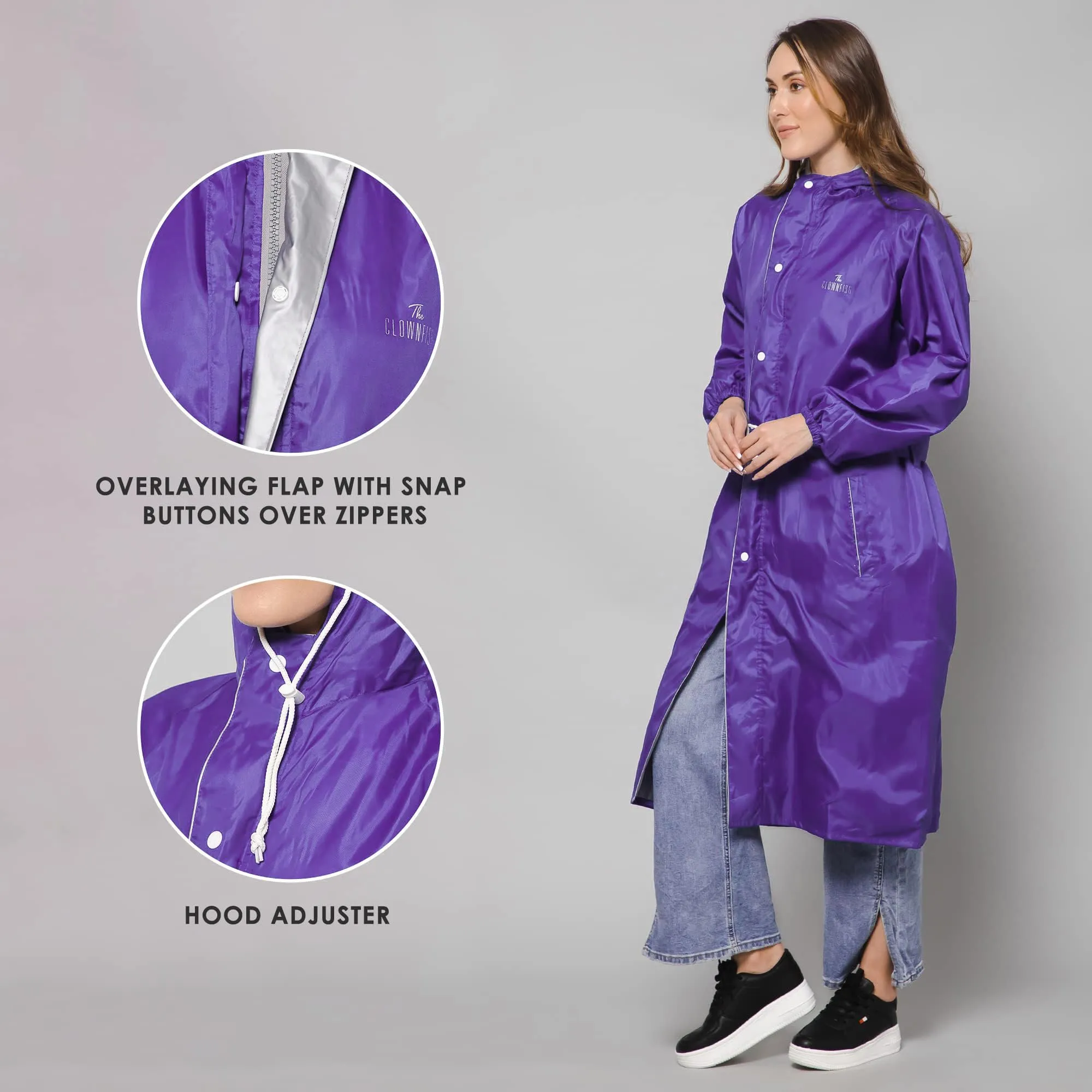 THE CLOWNFISH Raincoats for Women Rain Coat for Women Raincoat for Ladies Waterproof Reversible Double Layer. Drizzle Diva Series (Purple, XX-Large)