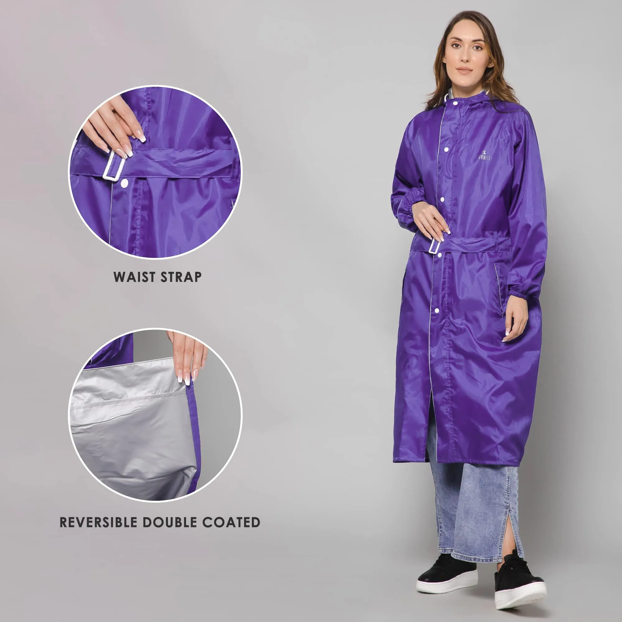 THE CLOWNFISH Raincoats for Women Rain Coat for Women Raincoat for Ladies Waterproof Reversible Double Layer. Drizzle Diva Series (Purple, XX-Large)