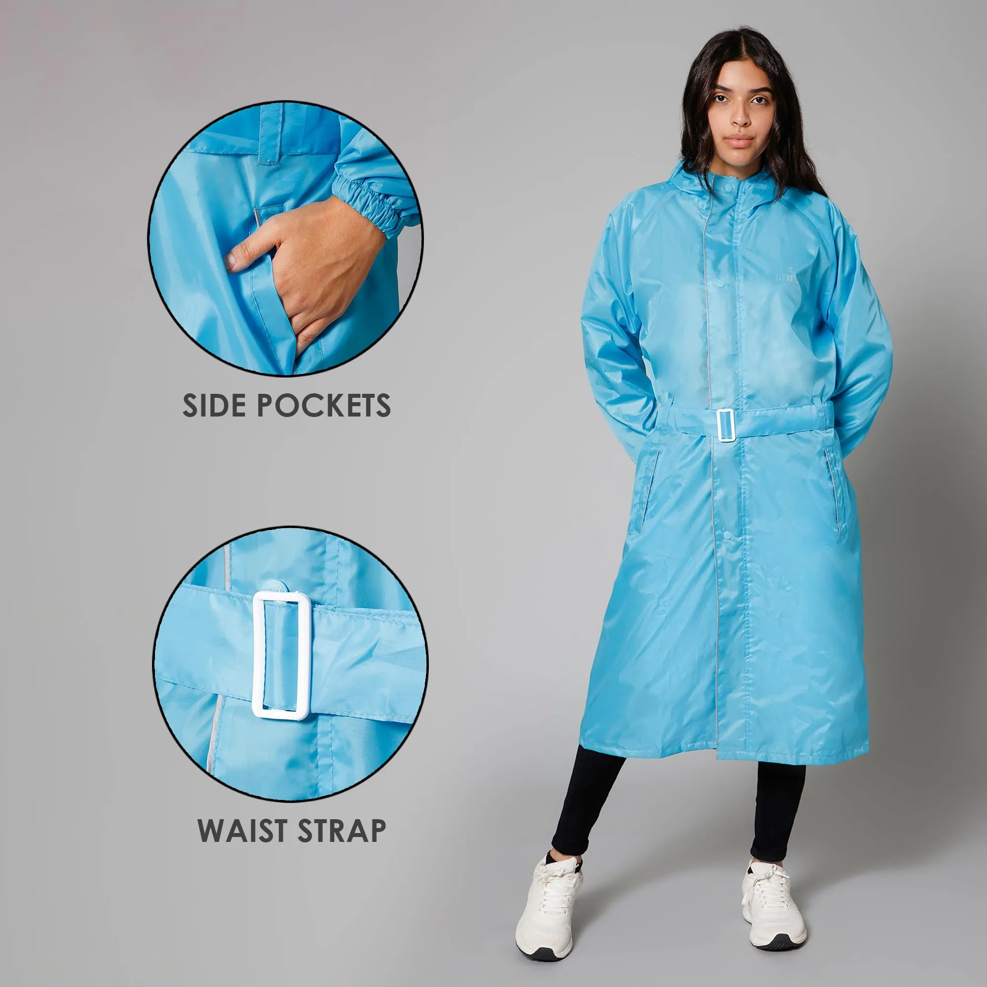 THE CLOWNFISH Raincoats for Women Raincoat for Ladies Waterproof Reversible Double Layer. Drizzle Diva Series (Turquiose Blue, X-Large)