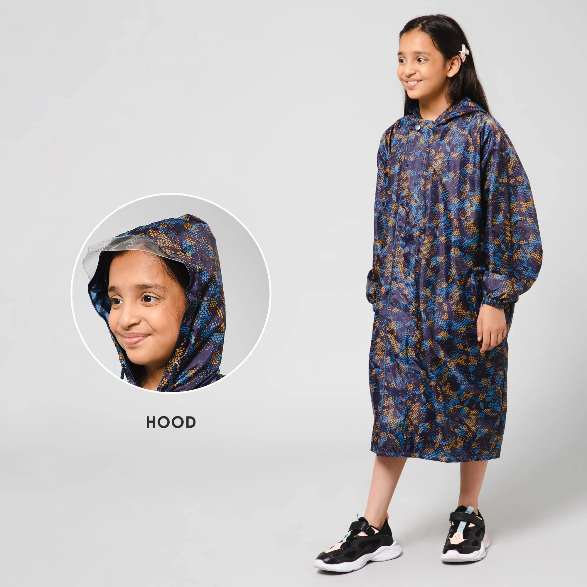 The Clownfish Splash Squad Series Kids Raincoat Waterproof Polyester Double Coating Reversible Longcoat with Hood and Reflector Logo at Back. Printed Plastic Pouch. Kid Age-11-12 years (Midnight Blue)