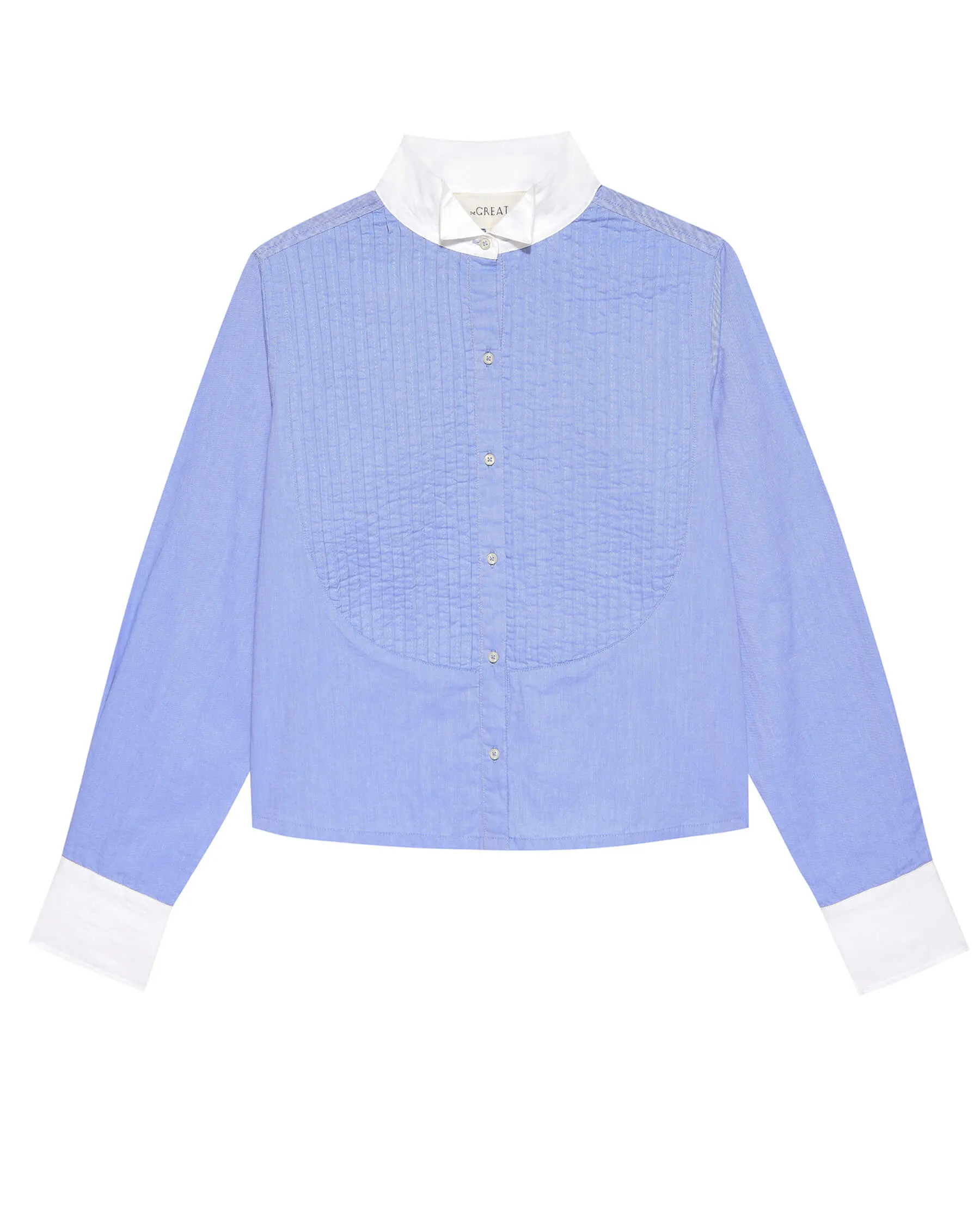 The Pleated Tux Top. -- Blue Oxford with White Poplin Trim