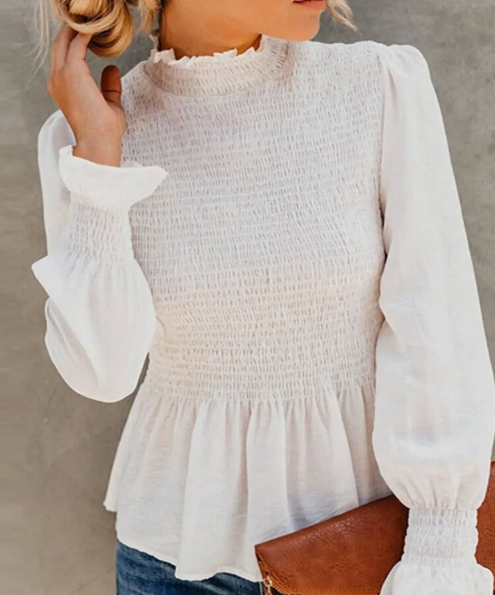 Turtleneck Flared Long Sleeve Ruffles Sweet Beauty Blouse