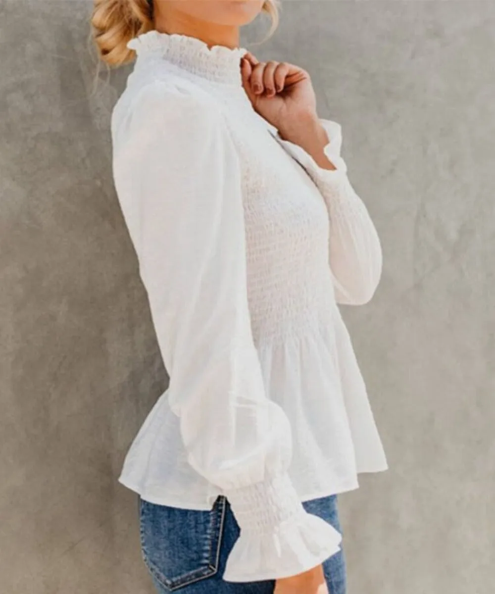 Turtleneck Flared Long Sleeve Ruffles Sweet Beauty Blouse